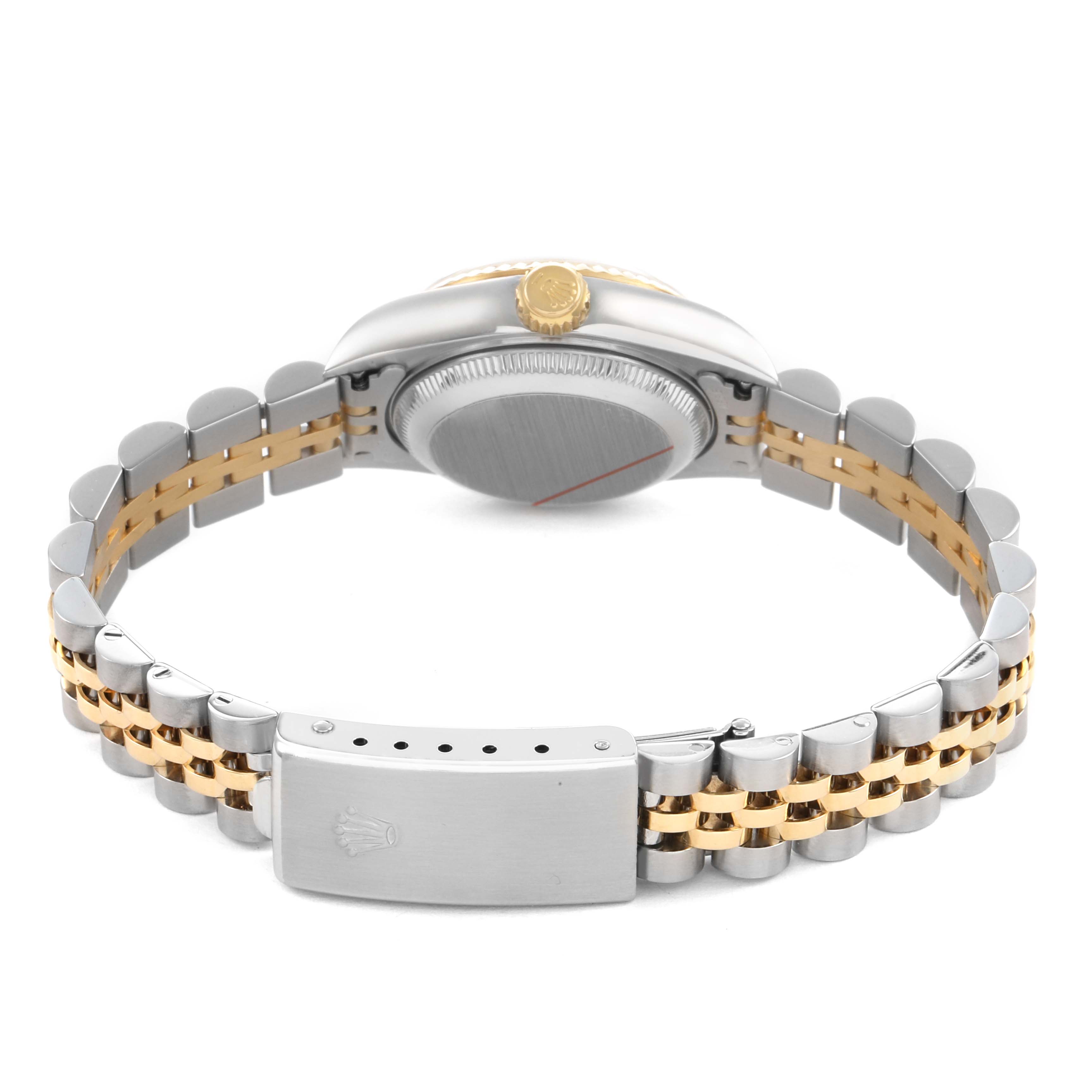 The Rolex Datejust 79173 Women's Steel and Gold (two tone) Silver Dial watch is shown from the back, highlighting the bracelet and clasp, with a focus on the case back and crown.