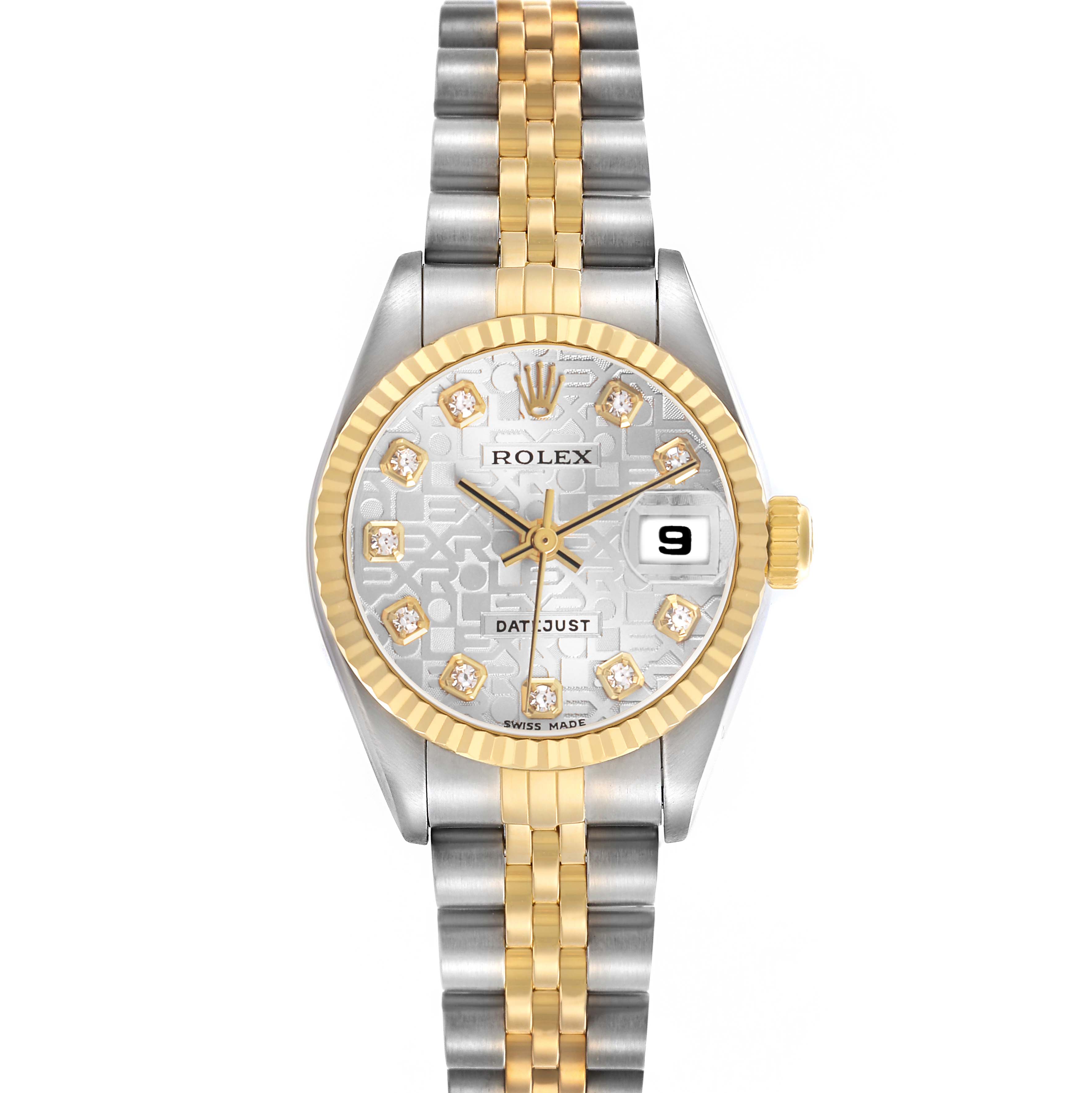 The image shows a Rolex Datejust 79173 Women's Steel and Gold (two tone) Silver Dial watch from a top-down angle, highlighting the dial, bezel, crown, and bracelet.