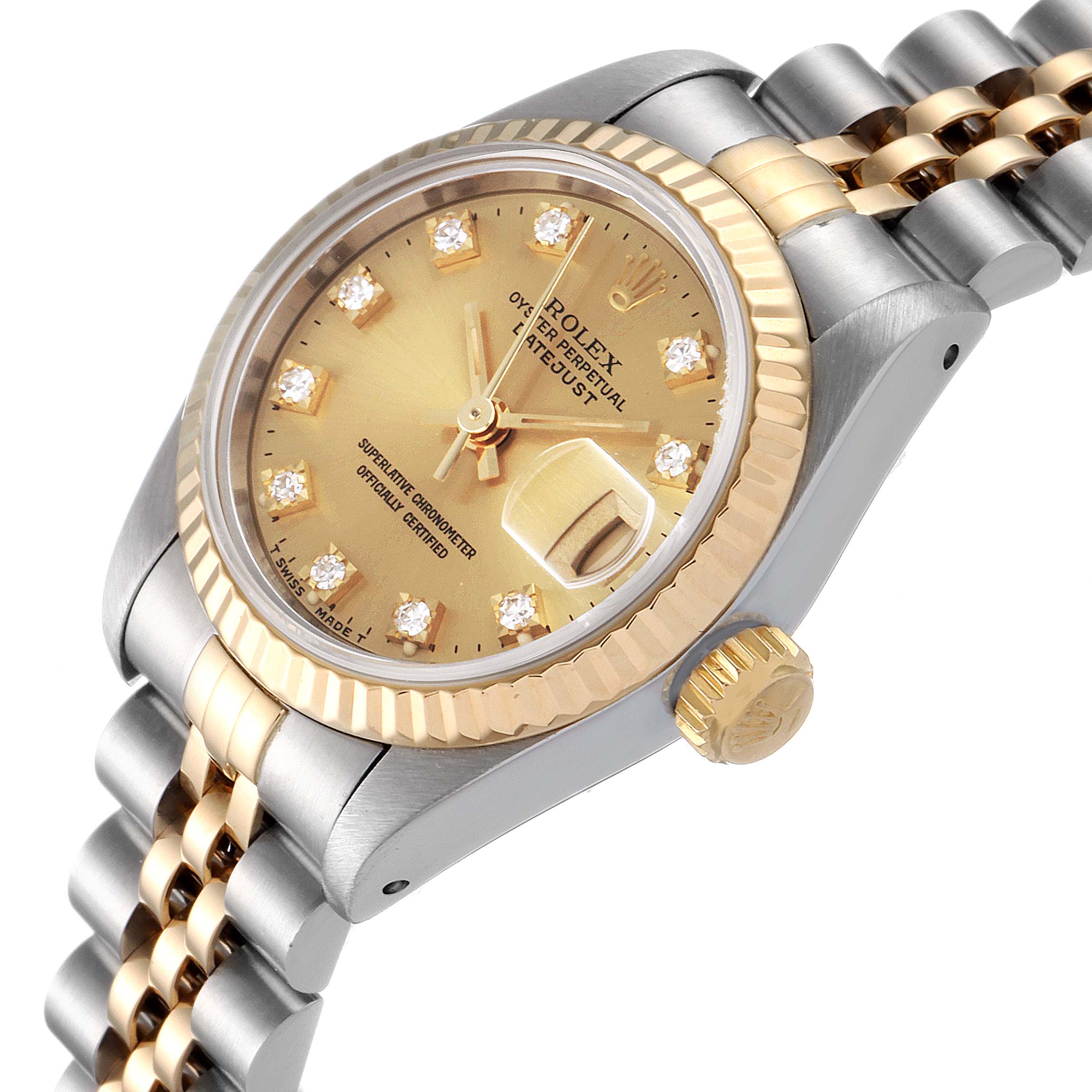 This Rolex Datejust 69173 Women
s Steel and Gold (two tone) Champagne Dial 69173 Women
s Steel and Gold (two tone) Champagne Dial watch is shown from a slight angle, highlighting its gold dial, fluted bezel, and two-tone jubilee bracelet.