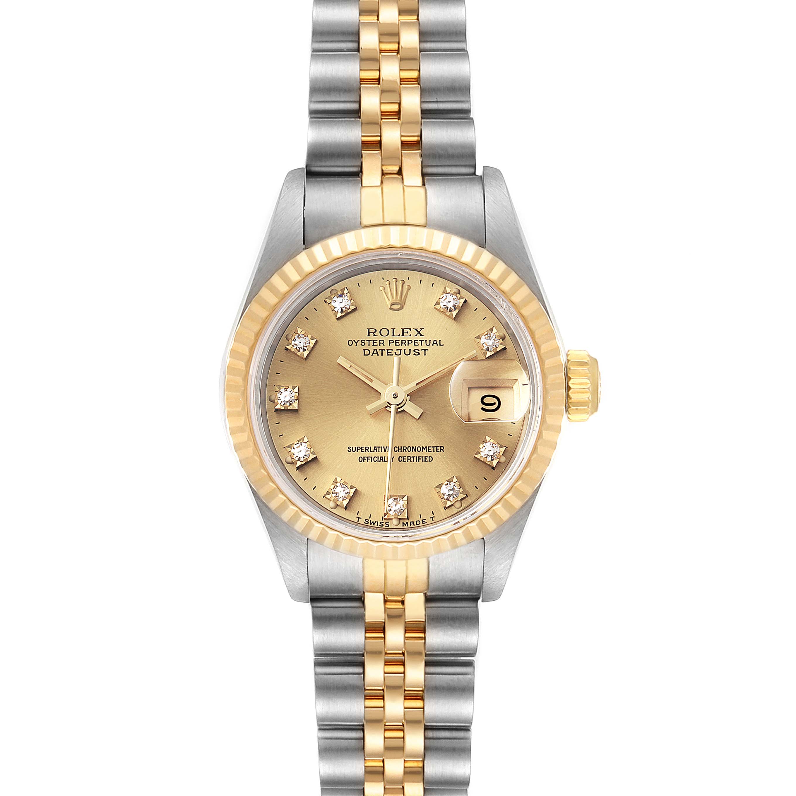 The image features a front view of the Rolex Datejust 69173 Women
s Steel and Gold (two tone) Champagne Dial 69173 Women
s Steel and Gold (two tone) Champagne Dial watch, highlighting its dial, bezel, crown, and bracelet.
