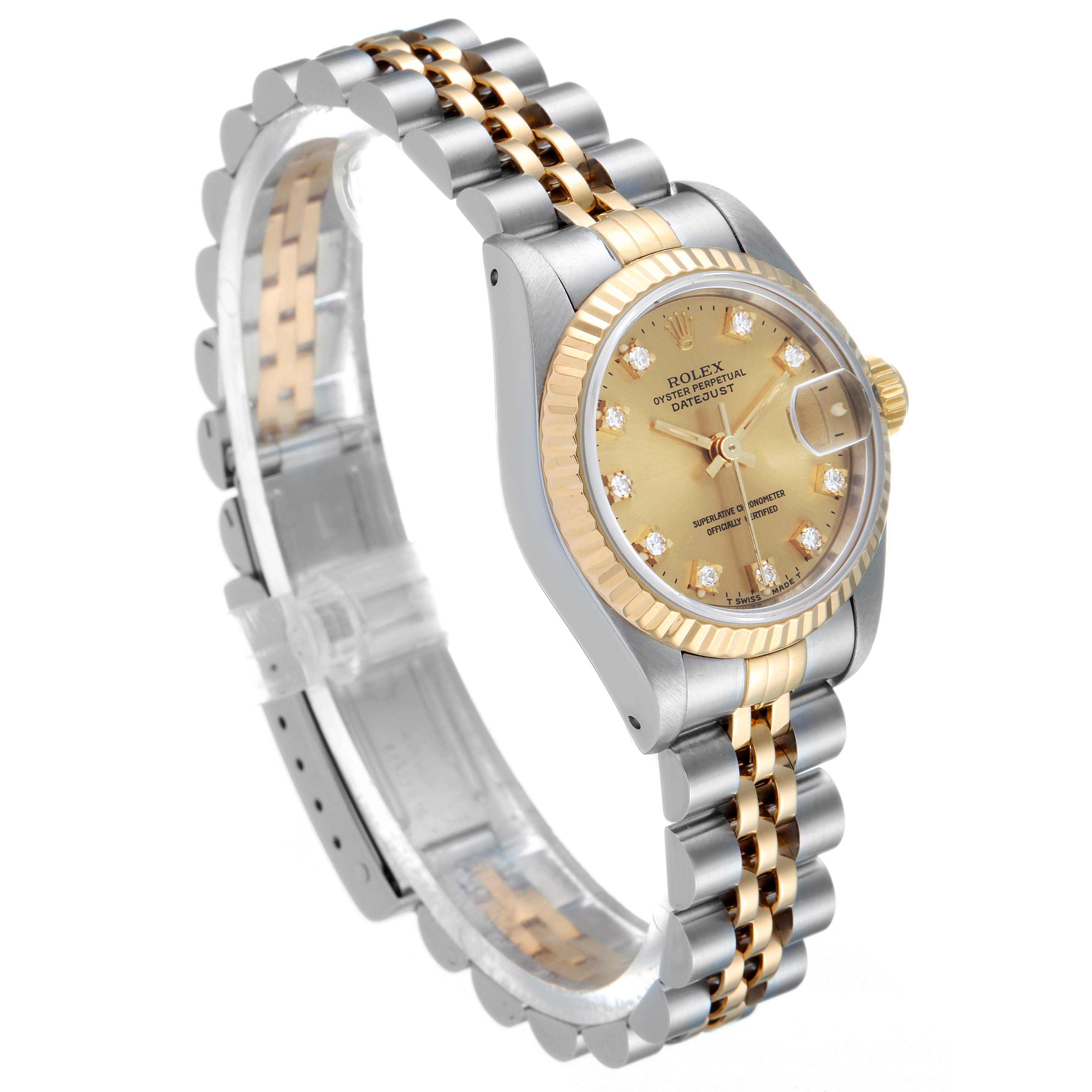 The image shows a Rolex Datejust 69173 Women
s Steel and Gold (two tone) Champagne Dial 69173 Women
s Steel and Gold (two tone) Champagne Dial watch at an angled side view, highlighting its bracelet, dial, and bezel.