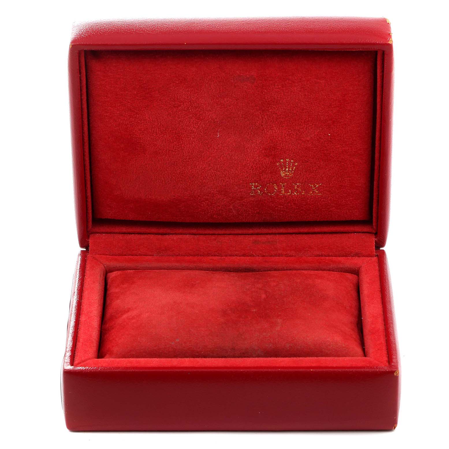 This image shows an open red watch box for the Rolex Datejust 69173 Women
s Steel and Gold (two tone) Champagne Dial 69173 Women
s Steel and Gold (two tone) Champagne Dial model.