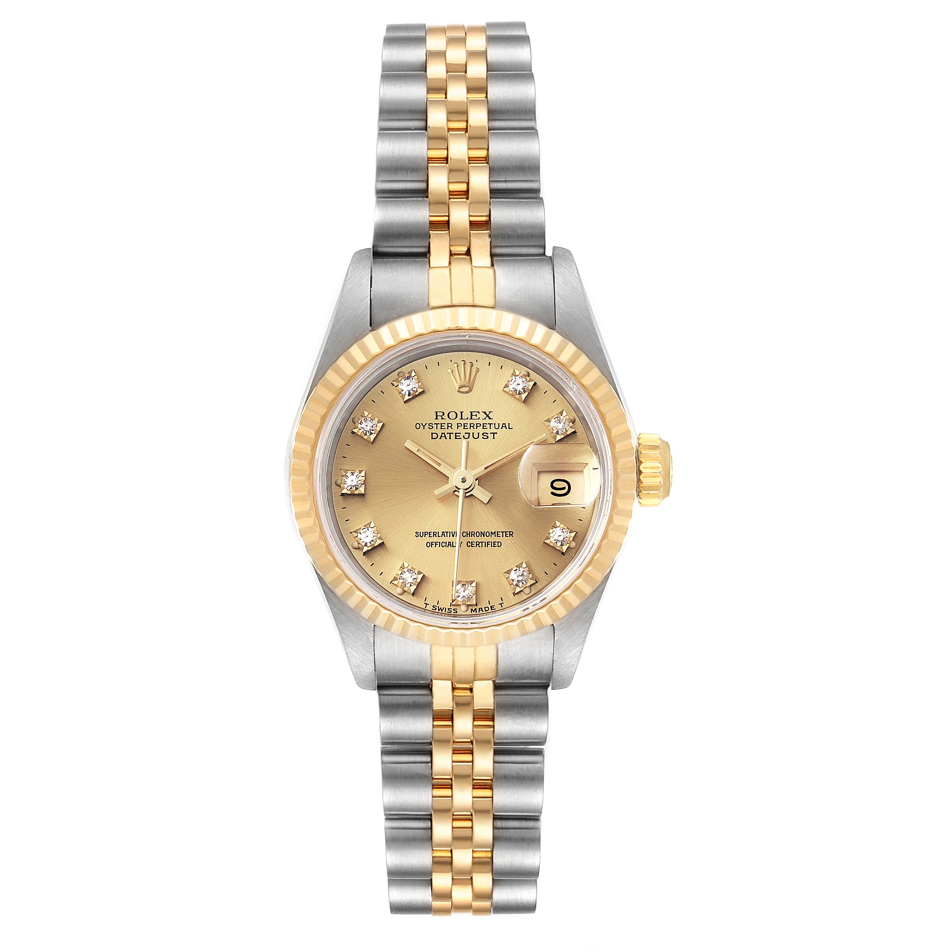 The image shows a frontal view of a Rolex Datejust 69173 Women
s Steel and Gold (two tone) Champagne Dial 69173 Women
s Steel and Gold (two tone) Champagne Dial watch, displaying its gold and silver bracelet, dial, bezel, and date window.
