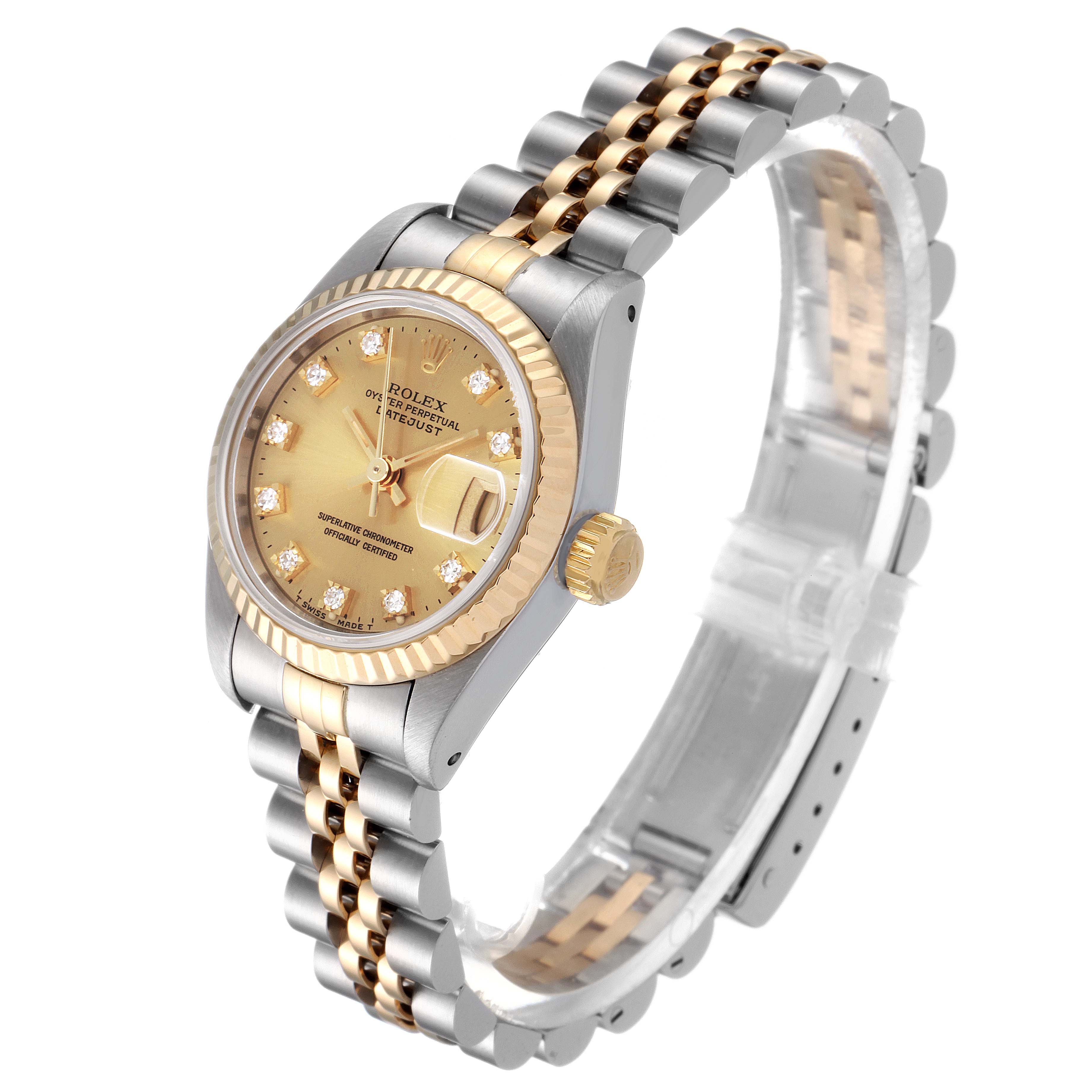 The image shows a side and front angle of a Rolex Datejust 69173 Women
s Steel and Gold (two tone) Champagne Dial 69173 Women
s Steel and Gold (two tone) Champagne Dial watch, showcasing its dial, crown, bezel, and bracelet.
