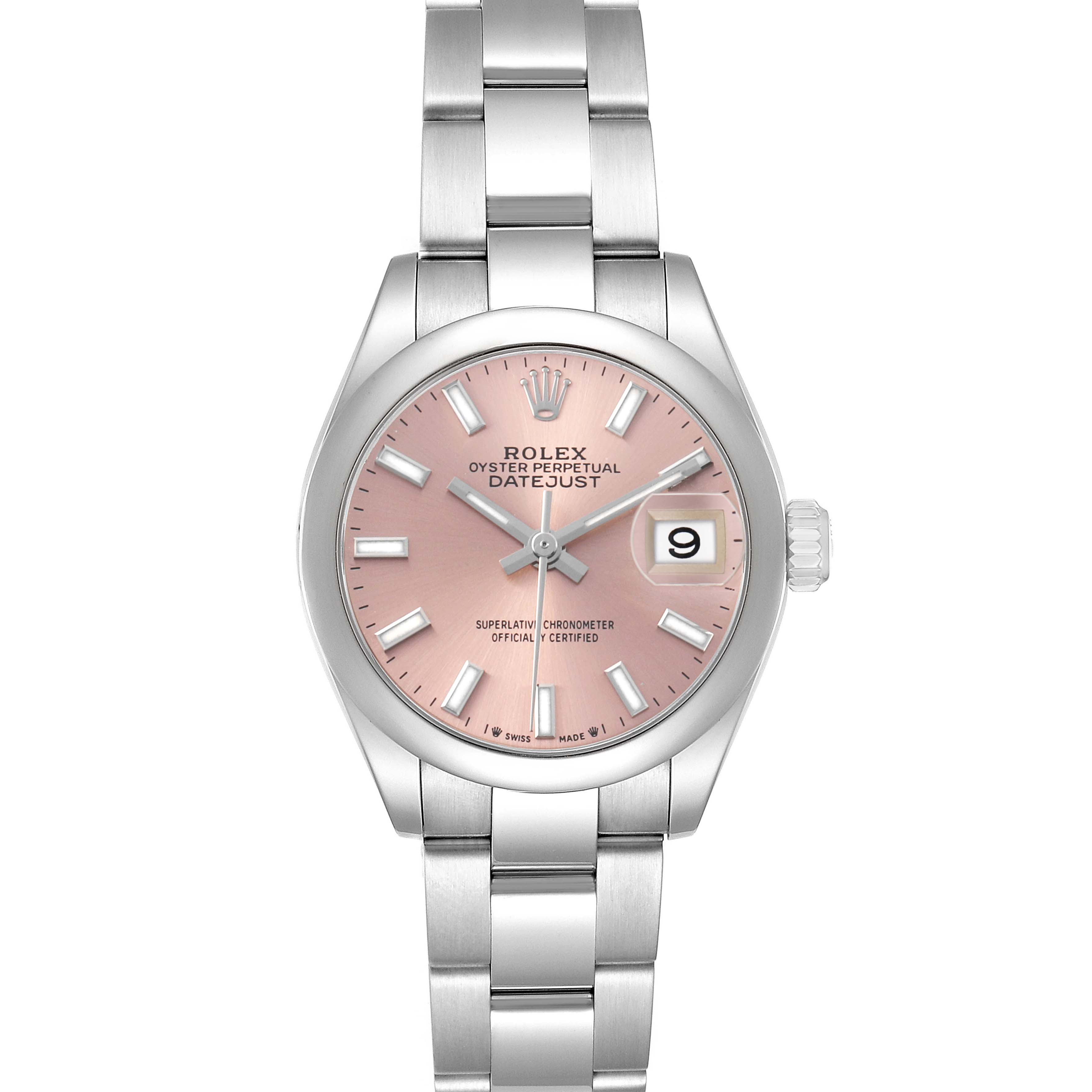 The Rolex Datejust 279160 Women's Stainless Steel Pink Dial watch is shown from a top-down angle, displaying the dial, hands, and bracelet.