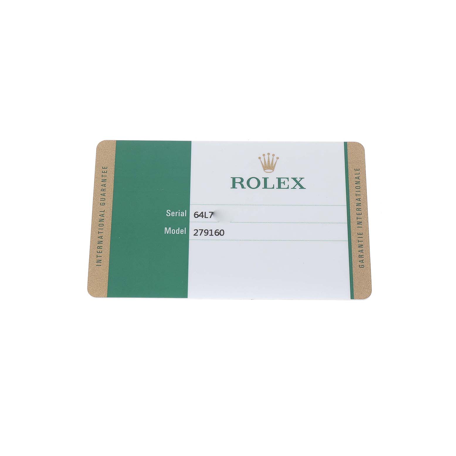The image shows the warranty card for a Rolex Datejust 279160 Women's Stainless Steel Pink Dial, with serial and model numbers visible.