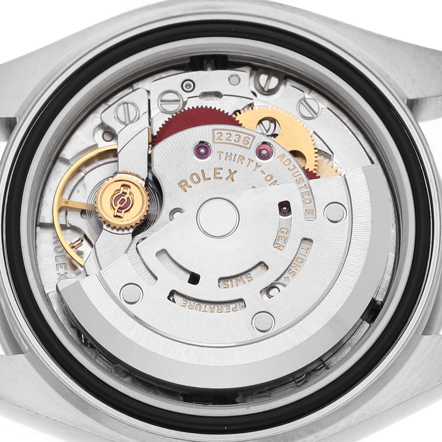 The image shows the movement from the back of a Rolex Datejust 279160 Women's Stainless Steel Pink Dial, highlighting the intricate internal mechanics.