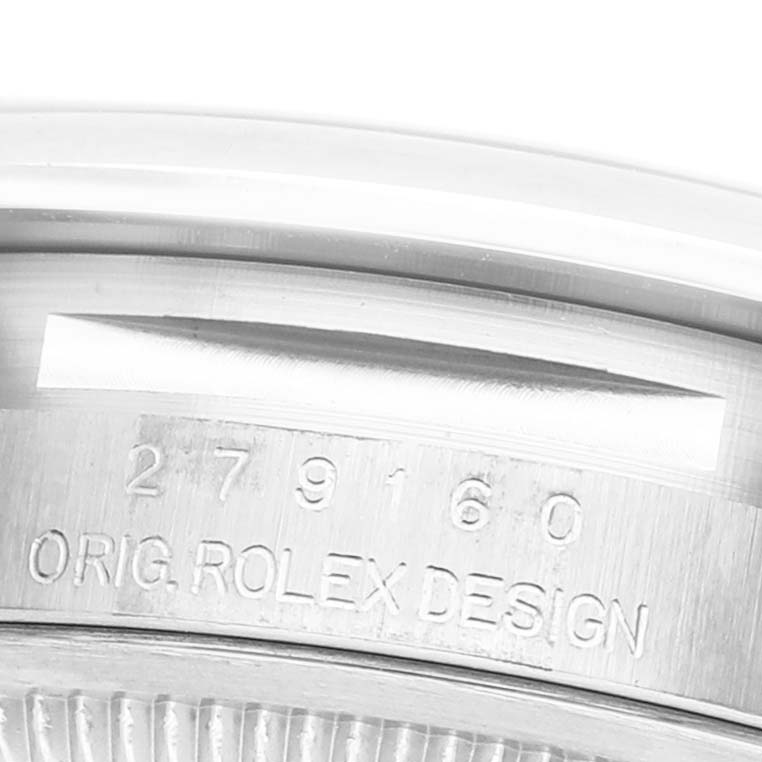 The image shows a close-up of the side engraving on a Rolex Datejust 279160 Women's Stainless Steel Pink Dial watch case.