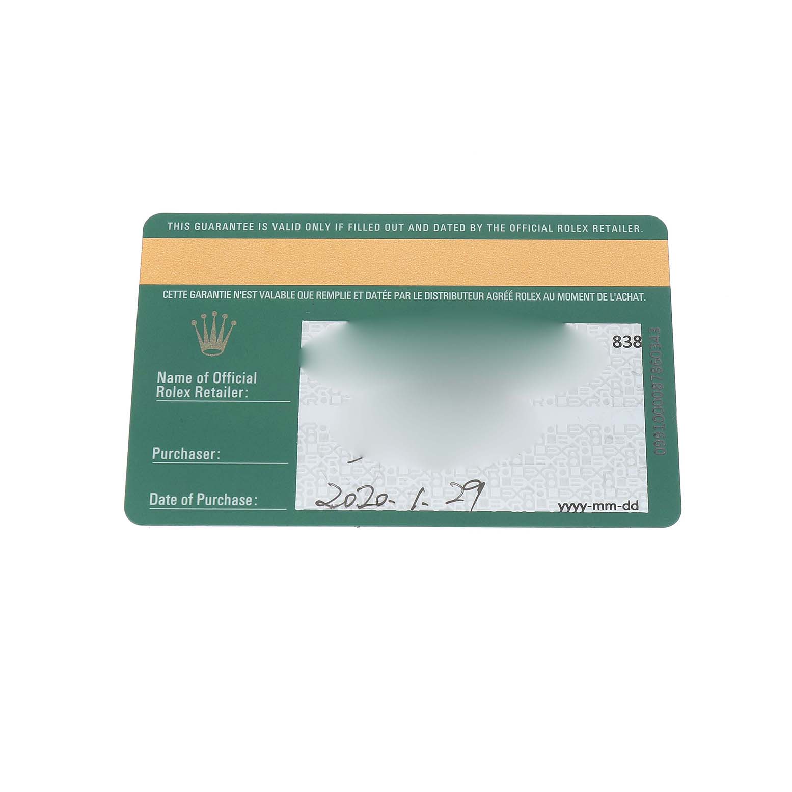 This image shows a warranty card for the Rolex Datejust 279160 Women's Stainless Steel Pink Dial model, featuring details like retailer information and purchase date.