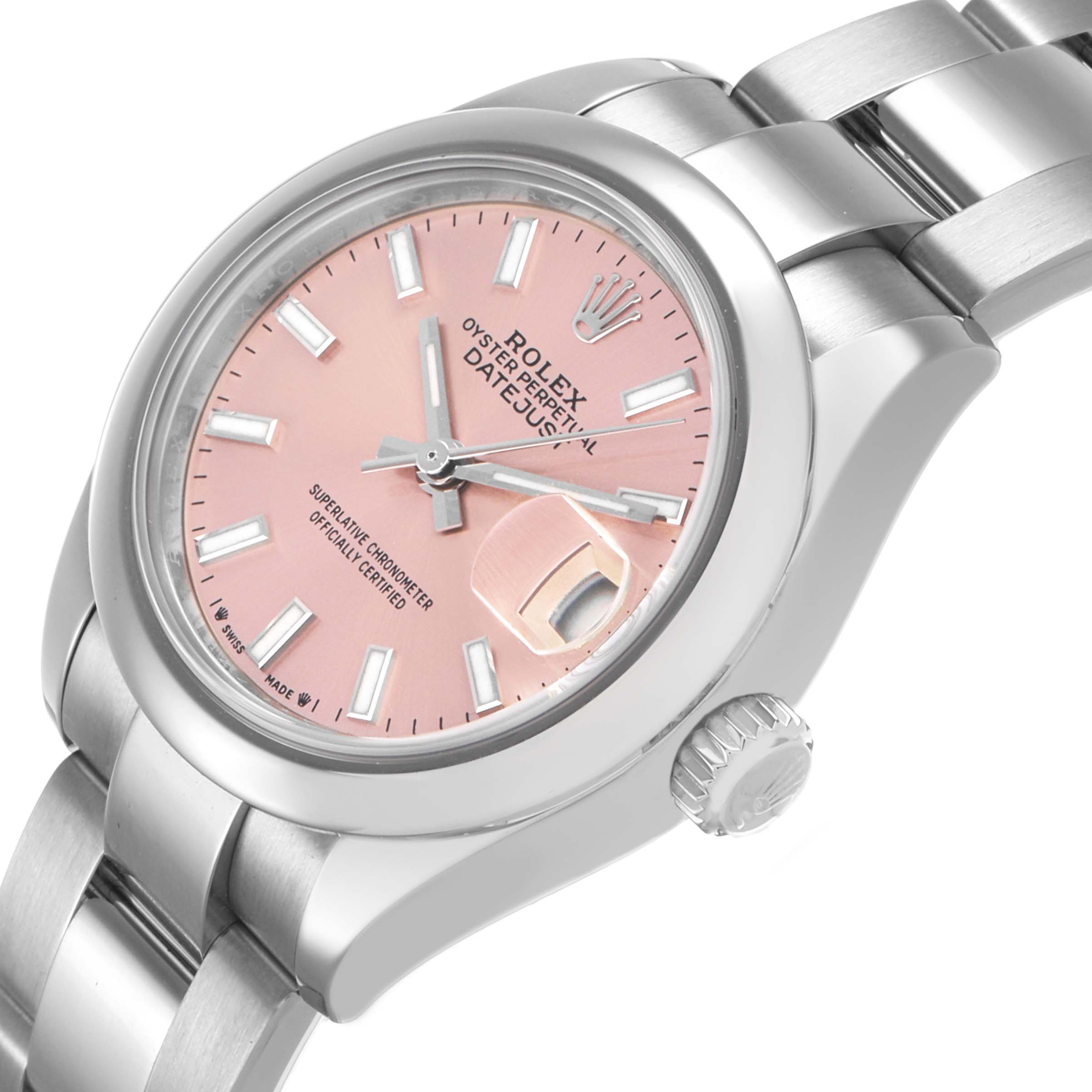 The Rolex Datejust 279160 Women's Stainless Steel Pink Dial watch is shown at a side angle, highlighting the pink dial, crown, and stainless steel bracelet.