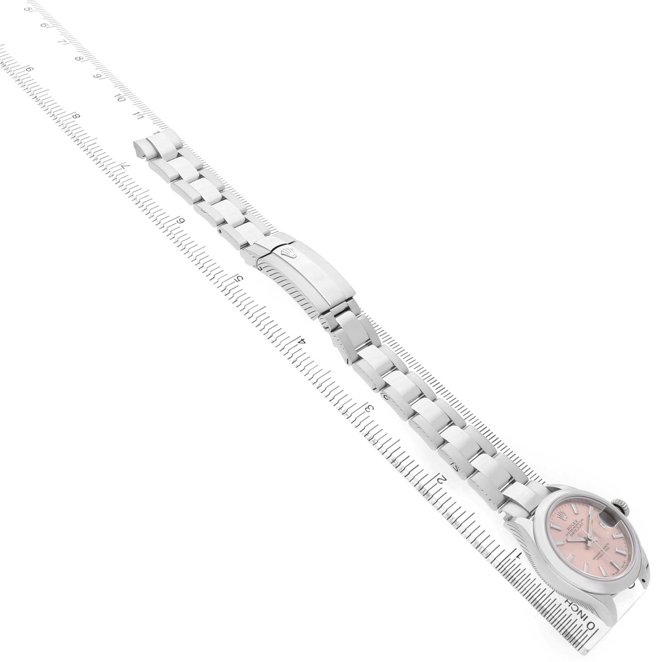 The Rolex Datejust 279160 Women's Stainless Steel Pink Dial watch is shown at an angled view, highlighting its bracelet, clasp, and pink dial.
