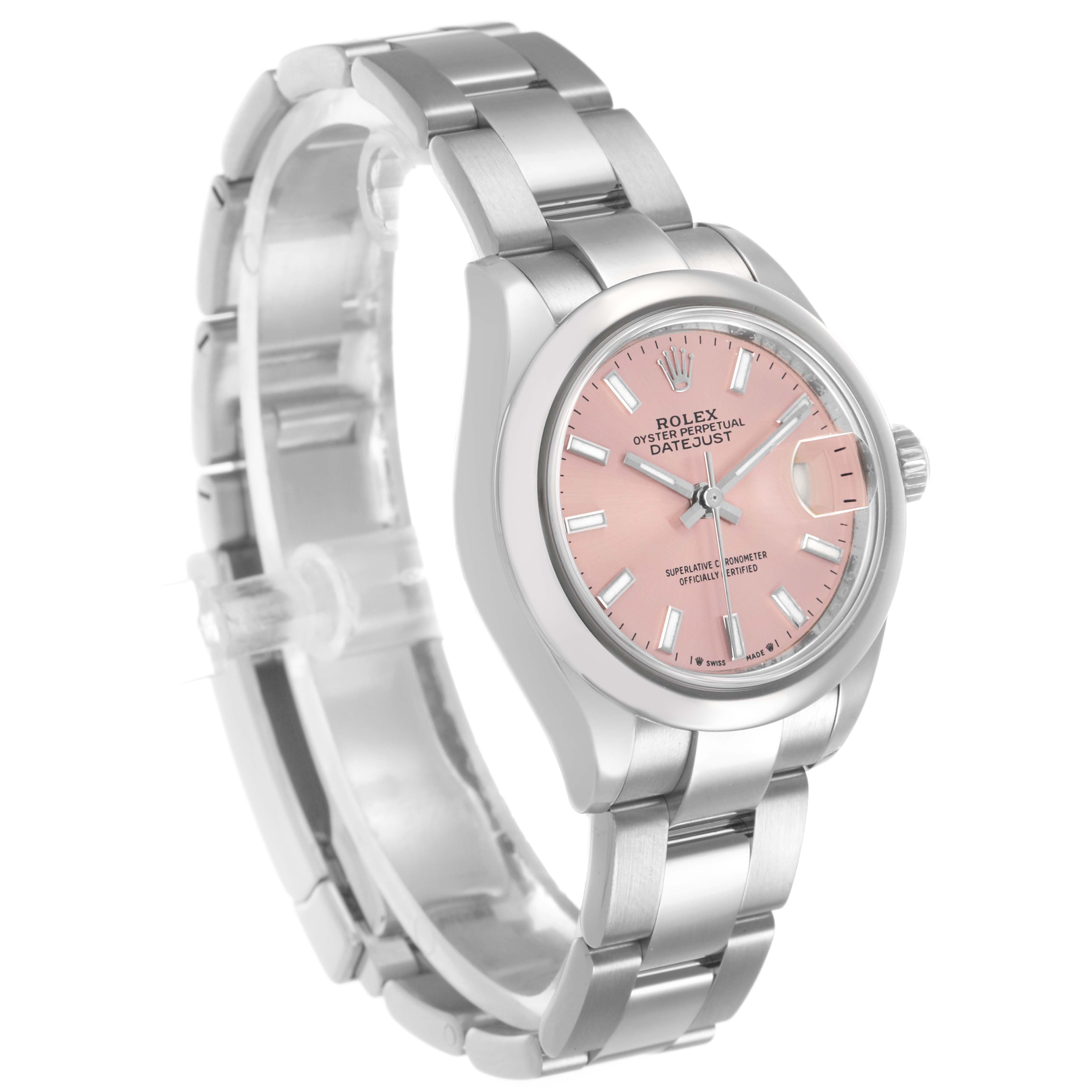 The Rolex Datejust 279160 Women's Stainless Steel Pink Dial watch is shown at a three-quarter angle, highlighting the bracelet, pink dial, and side profile with the crown.