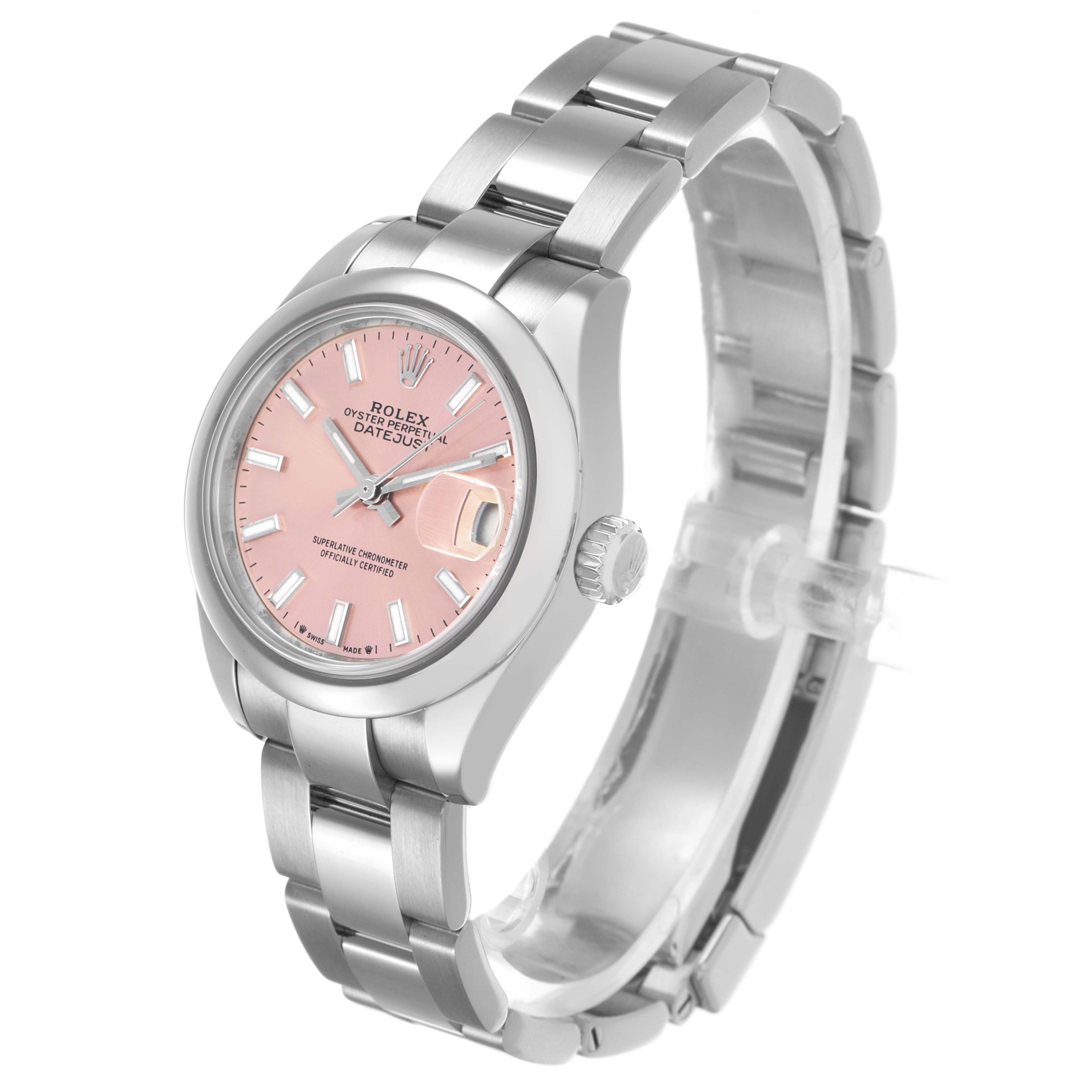The Rolex Datejust 279160 Women's Stainless Steel Pink Dial watch is shown at an angled view, highlighting the pink dial, bracelet, case, and crown.