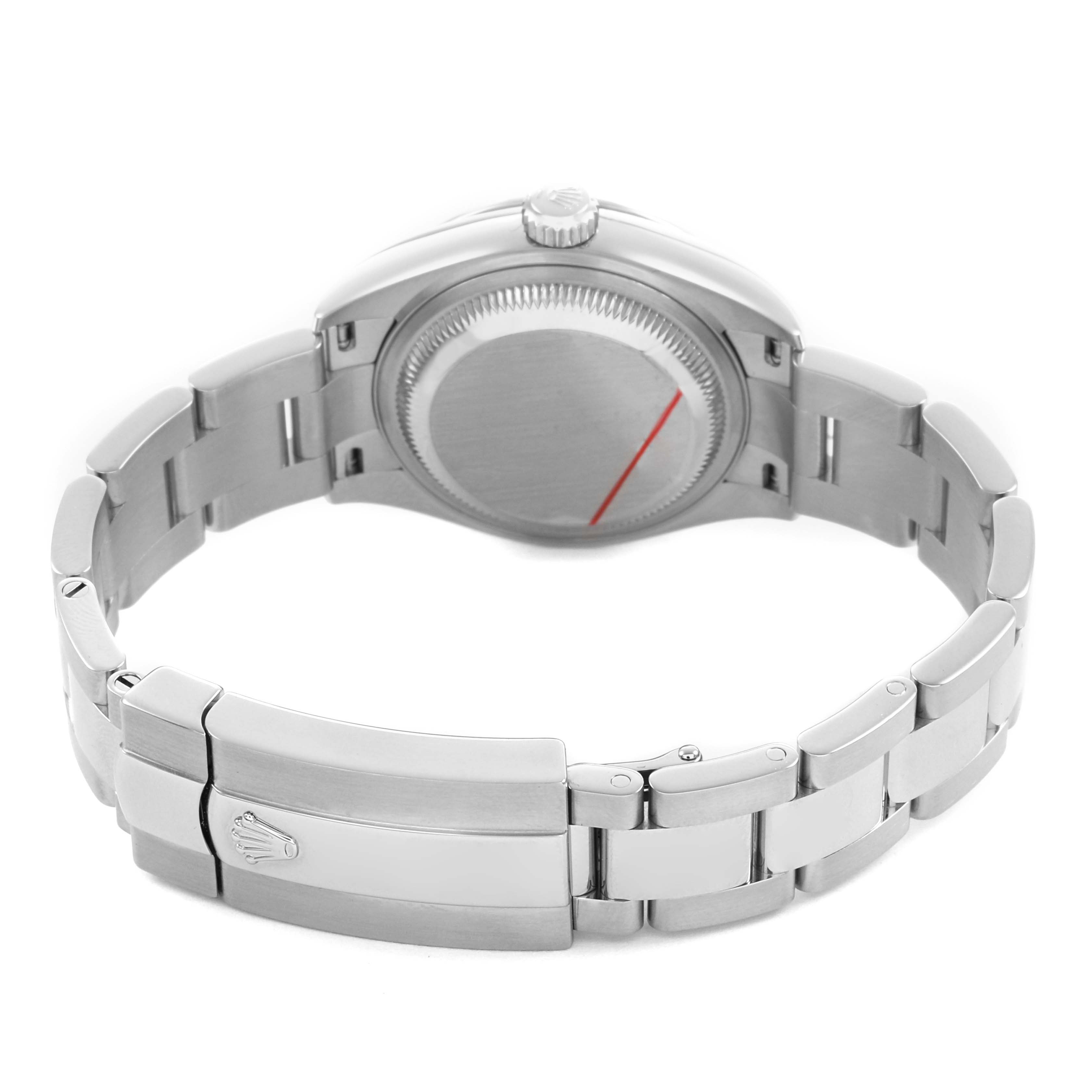 The Rolex Datejust 279160 Women's Stainless Steel Pink Dial watch is shown from the back, highlighting the case back and metal bracelet with the clasp open.