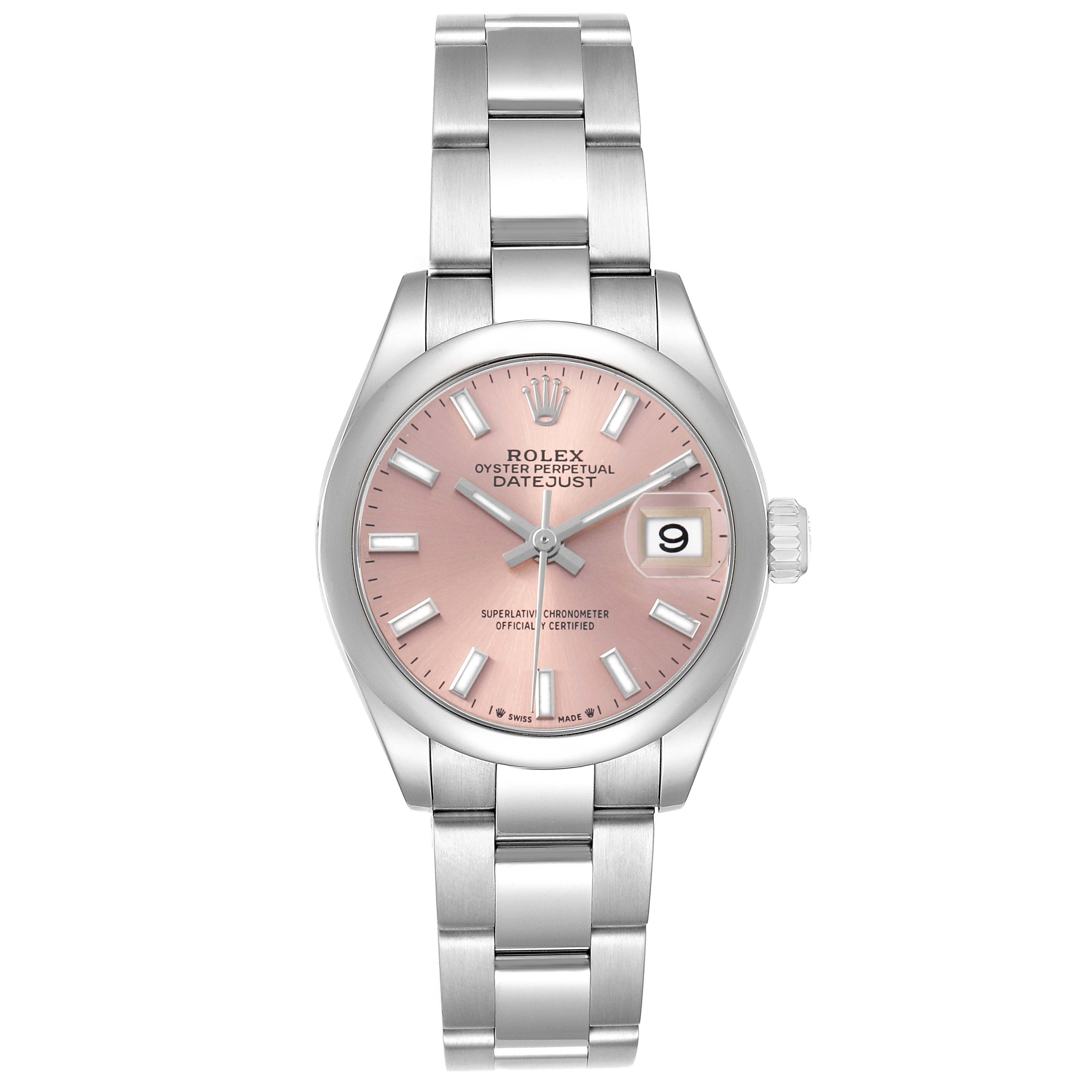The Rolex Datejust 279160 Women's Stainless Steel Pink Dial watch is shown from the front, highlighting the pink dial, hour markers, bezel, and bracelet.