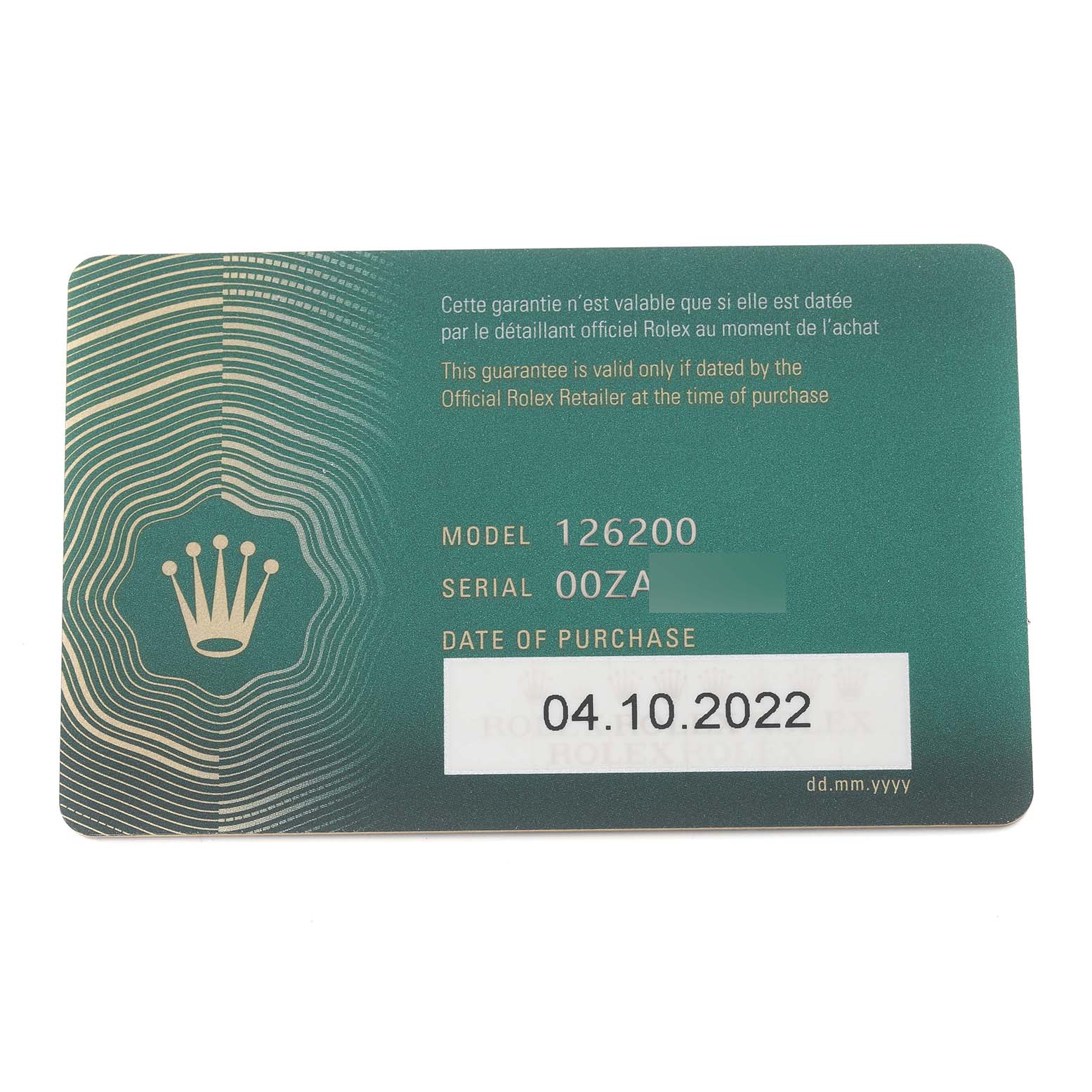 This is a warranty card for a Rolex Datejust 126200 Men's Stainless Steel Green Dial 126200 Men's Stainless Steel Green Dial model 126200, showing the model, serial number, and purchase date.
