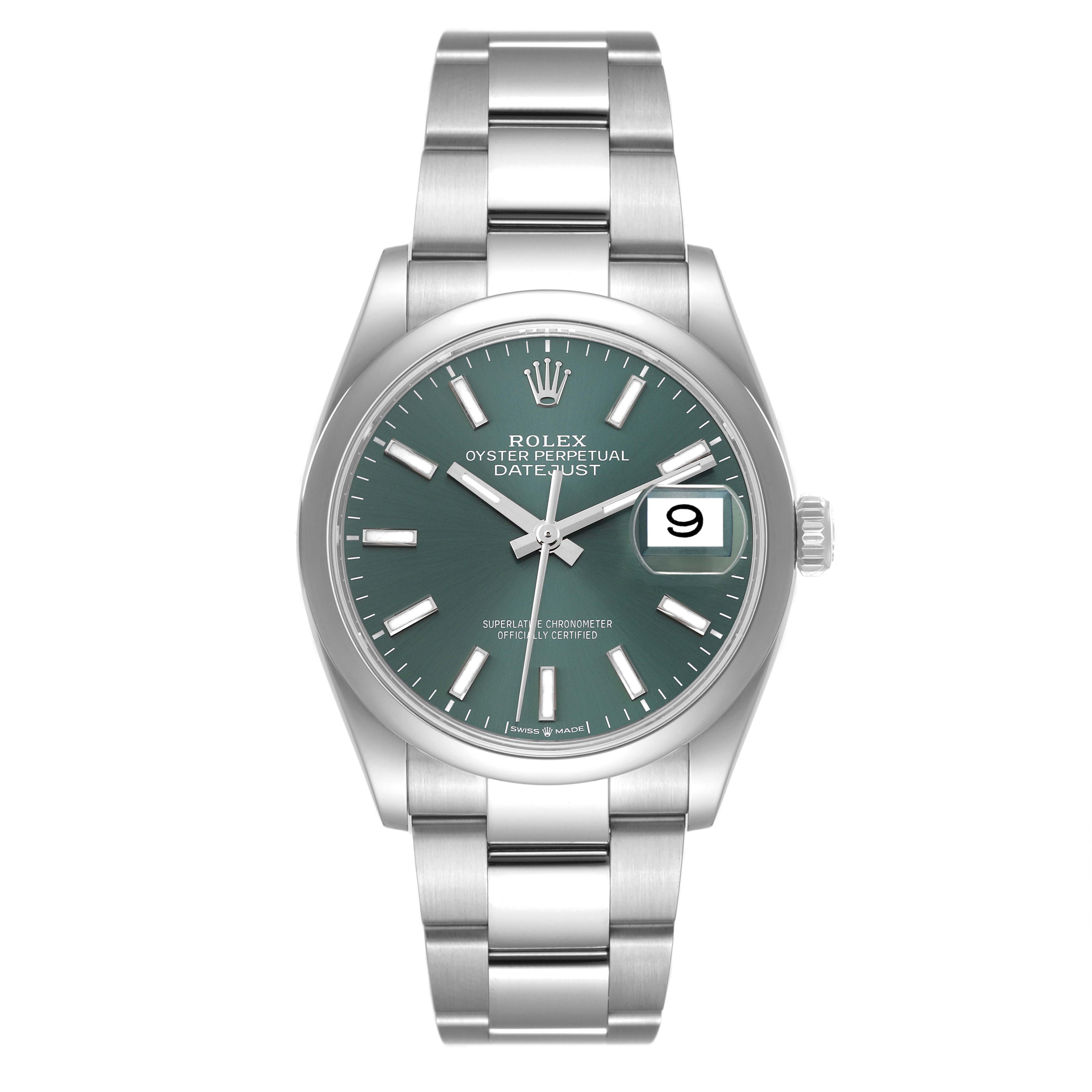 The image shows a front view of the Rolex Datejust 126200 Men's Stainless Steel Green Dial 126200 Men's Stainless Steel Green Dial watch with a green dial and stainless steel bracelet.