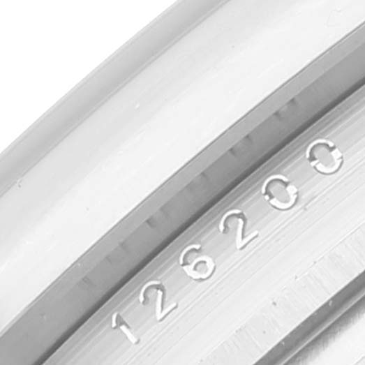 This is a close-up angle showing the bezel with the model number "126200" on a Rolex Datejust 126200 Men's Stainless Steel Green Dial 126200 Men's Stainless Steel Green Dial watch.