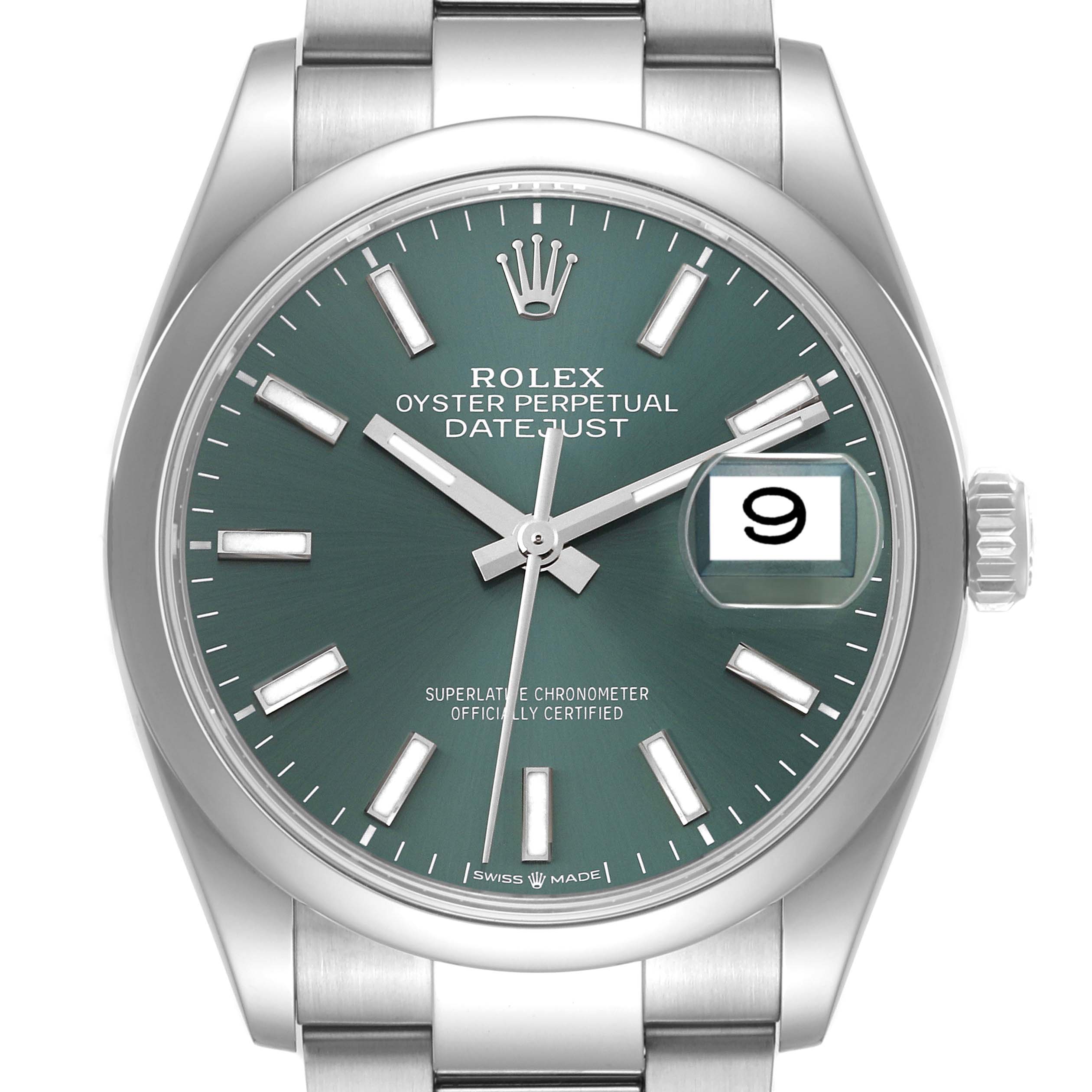 This image shows a front view of the Rolex Datejust 126200 Men's Stainless Steel Green Dial 126200 Men's Stainless Steel Green Dial watch, showcasing the dial, hands, date window, and part of the bracelet.