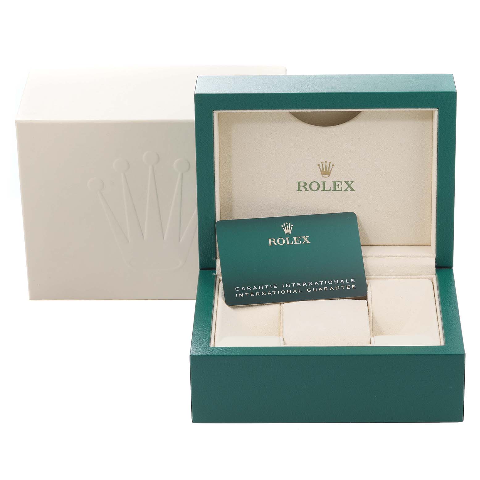 This image shows the open case for a Rolex Datejust 126200 Men's Stainless Steel Green Dial 126200 Men's Stainless Steel Green Dial watch with the warranty card inside.