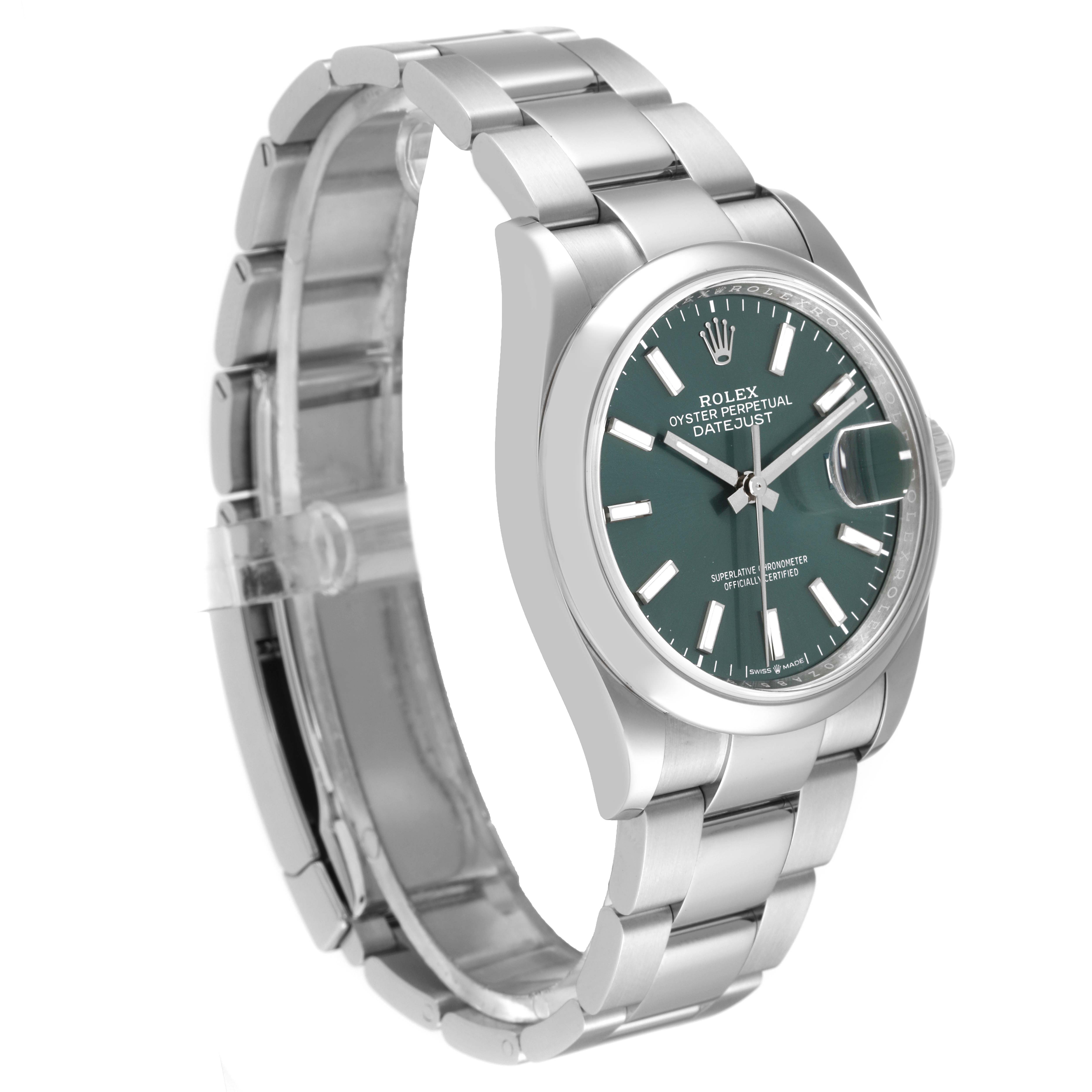 The Rolex Datejust 126200 Men's Stainless Steel Green Dial 126200 Men's Stainless Steel Green Dial watch is shown at a side angle, revealing its bracelet, case, and green dial.