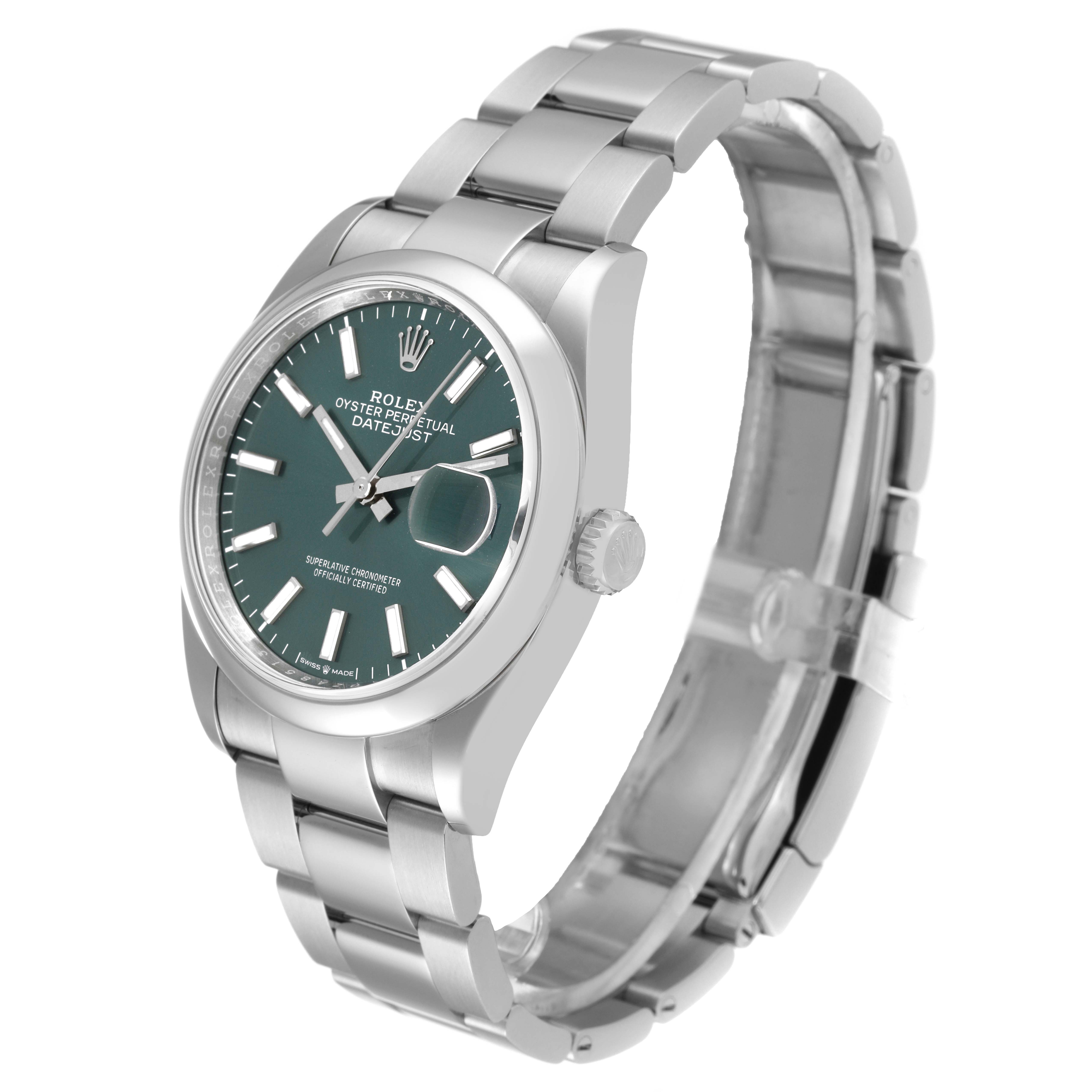 The image shows a Rolex Datejust 126200 Men's Stainless Steel Green Dial 126200 Men's Stainless Steel Green Dial watch at a three-quarter angle, highlighting its face, bezel, crown, and bracelet.