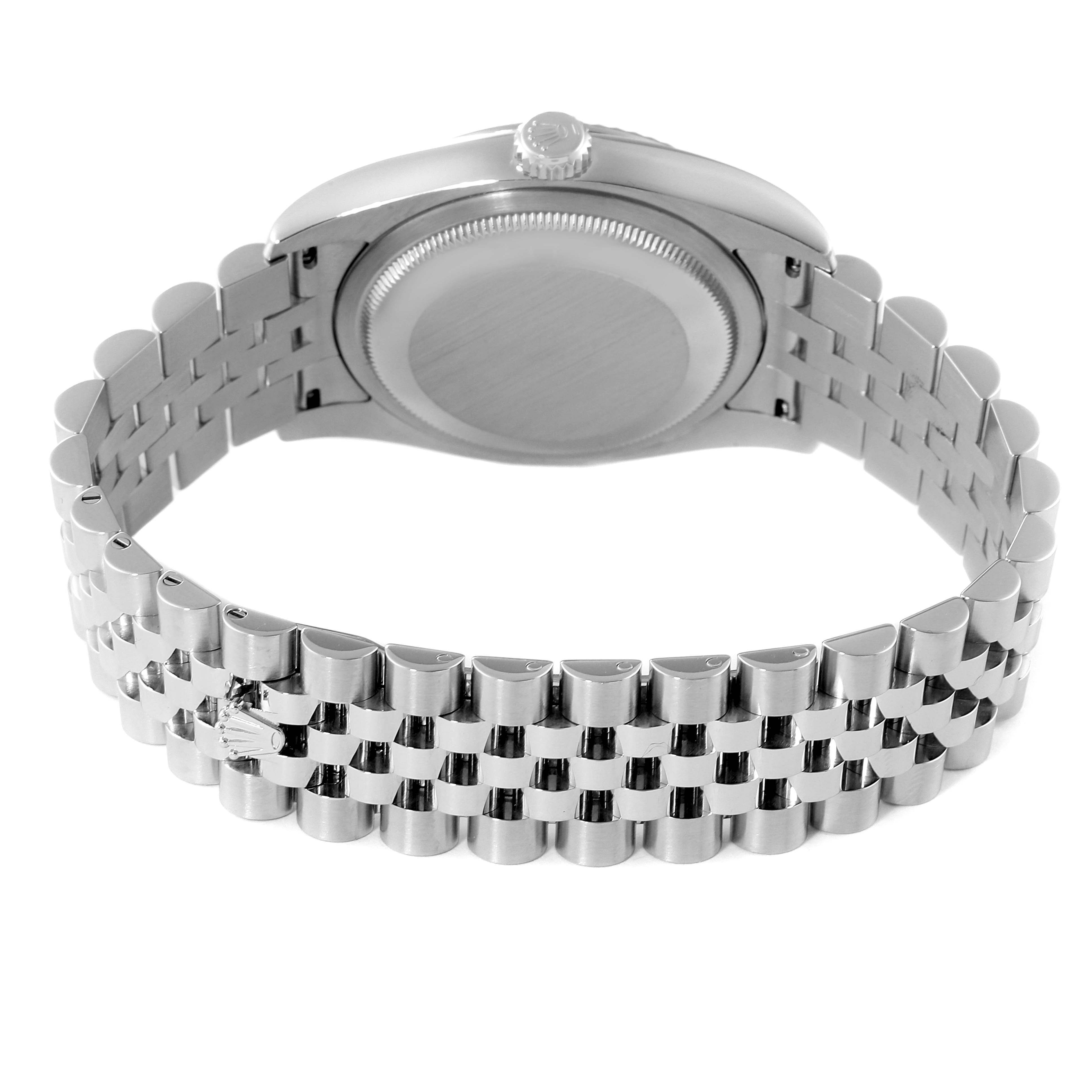 The image shows the back case and jubilee bracelet of a Rolex Datejust 116234 Men's Stainless Steel Blue Dial 116234 Men's Stainless Steel Blue Dial watch from an angled rear view.