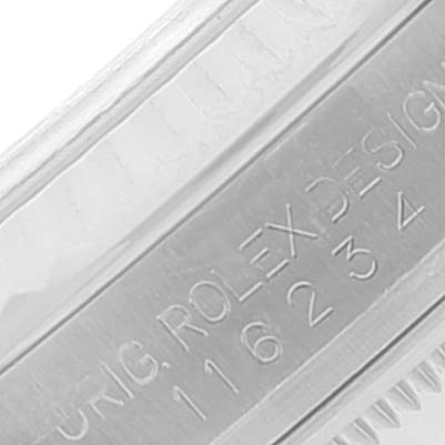 The image shows a close-up of the inner side of the case with engravings of the Rolex Datejust 116234 Men's Stainless Steel Blue Dial 116234 Men's Stainless Steel Blue Dial model.