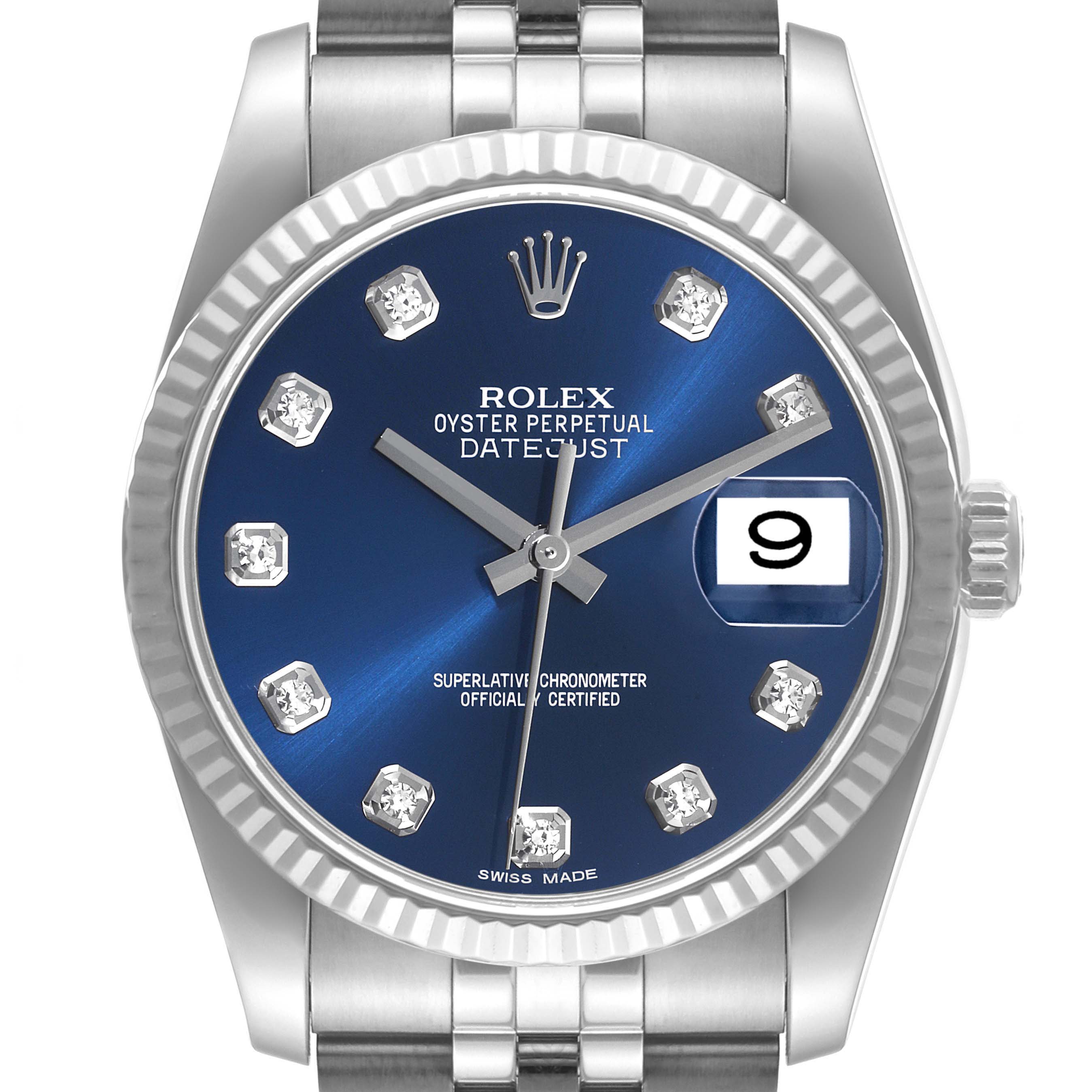 This image shows the face and partial bracelet of the Rolex Datejust 116234 Men's Stainless Steel Blue Dial 116234 Men's Stainless Steel Blue Dial watch, highlighting the blue dial and diamond markers.