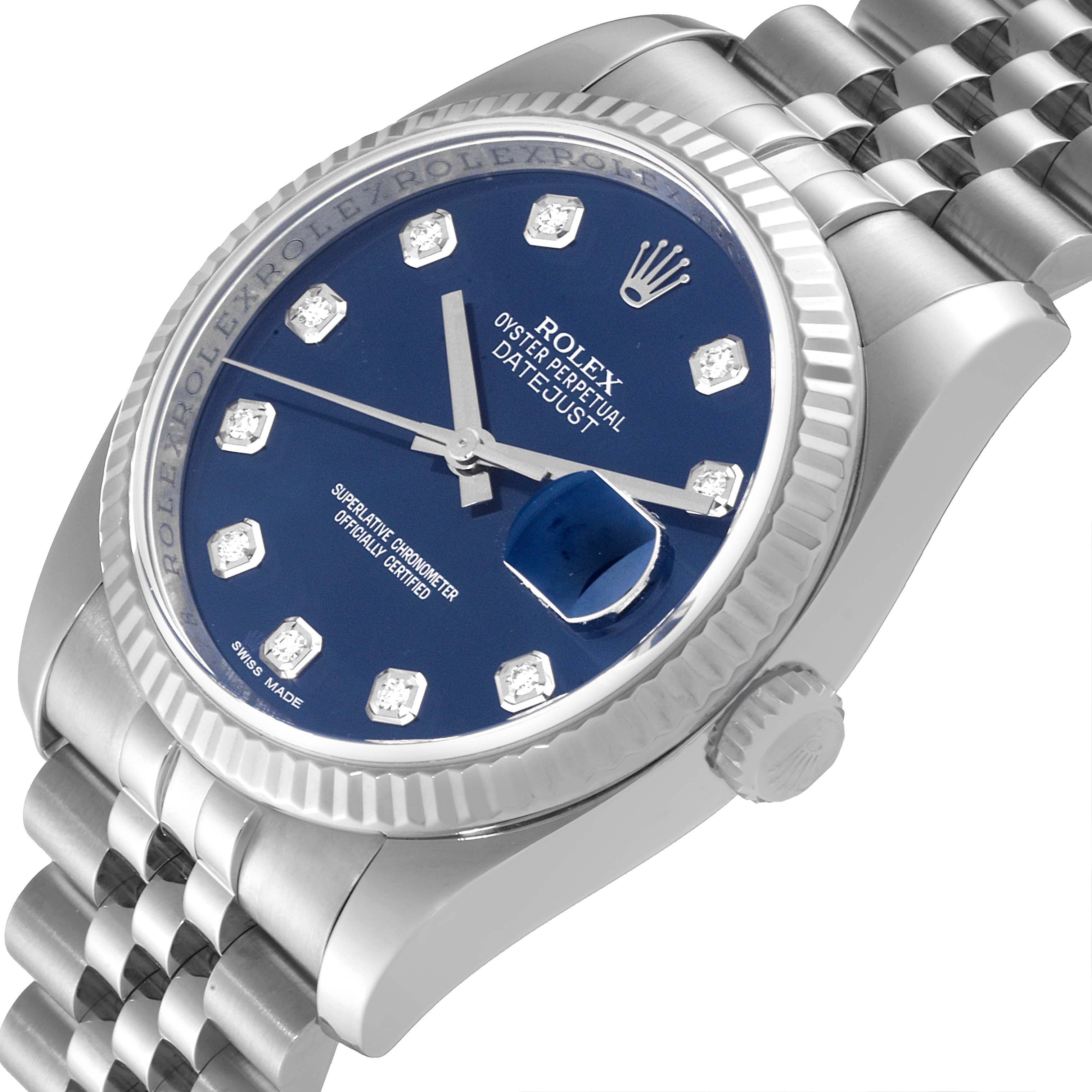 The image shows a close-up angle of the Rolex Datejust 116234 Men's Stainless Steel Blue Dial 116234 Men's Stainless Steel Blue Dial watch, highlighting its face, bezel, crown, and bracelet.