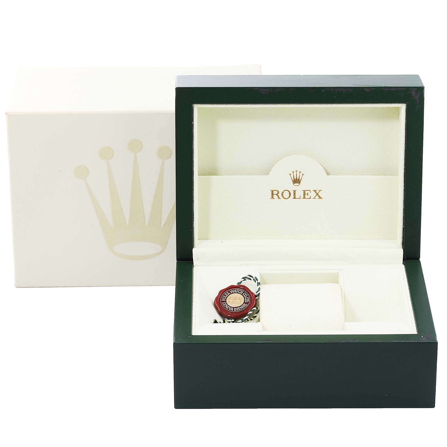 This image shows a Rolex Datejust 116234 Men's Stainless Steel Blue Dial 116234 Men's Stainless Steel Blue Dial watch box and accessories from a straight-on angle.