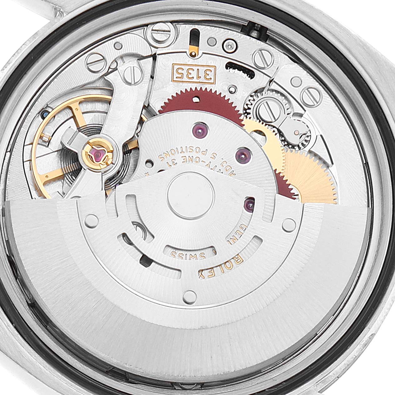 This image shows the internal mechanism and movement of a Rolex Datejust 116234 Men's Stainless Steel Blue Dial 116234 Men's Stainless Steel Blue Dial watch from a rear perspective.