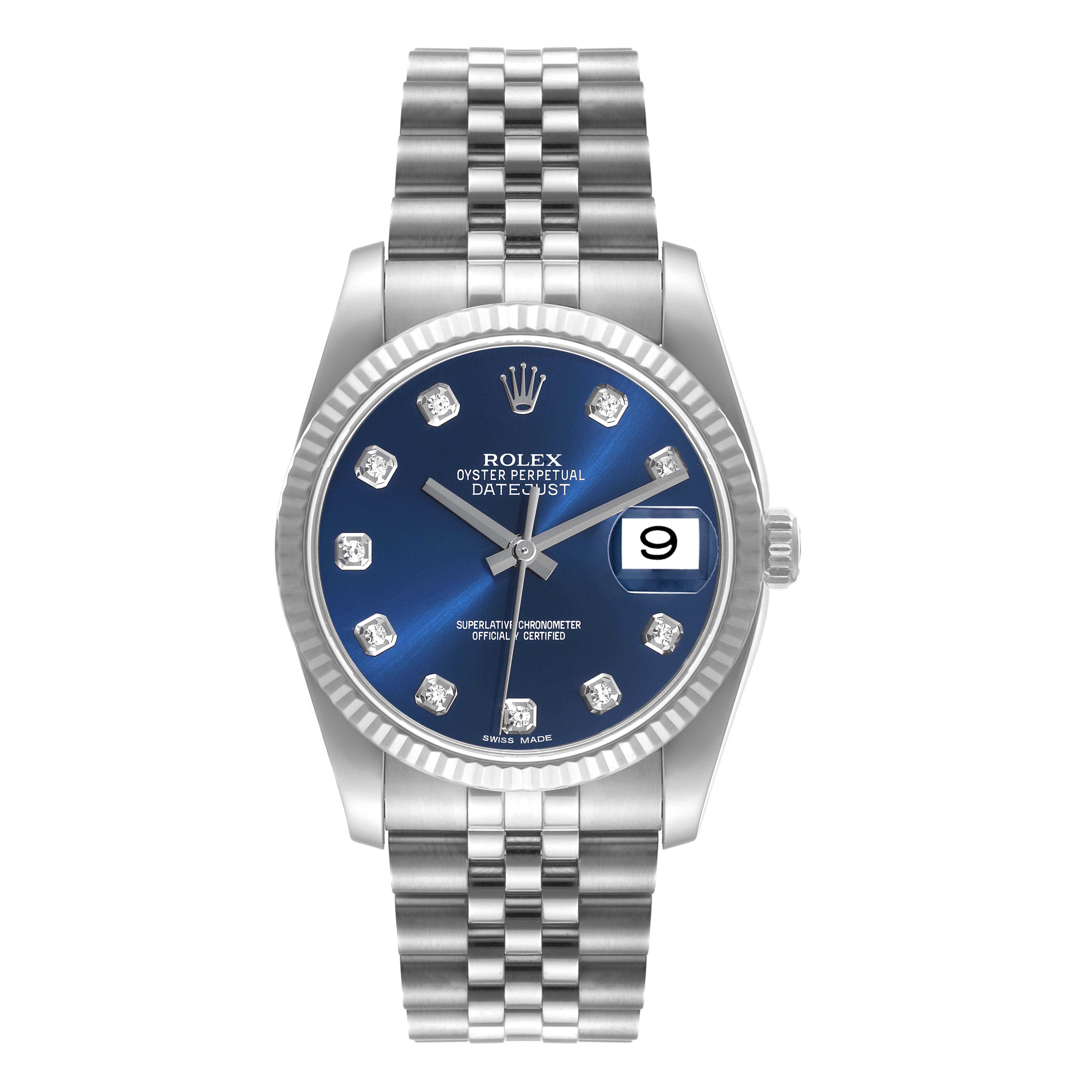 This image shows a frontal view of the Rolex Datejust 116234 Men's Stainless Steel Blue Dial 116234 Men's Stainless Steel Blue Dial watch, displaying the dial, bezel, hands, and bracelet.