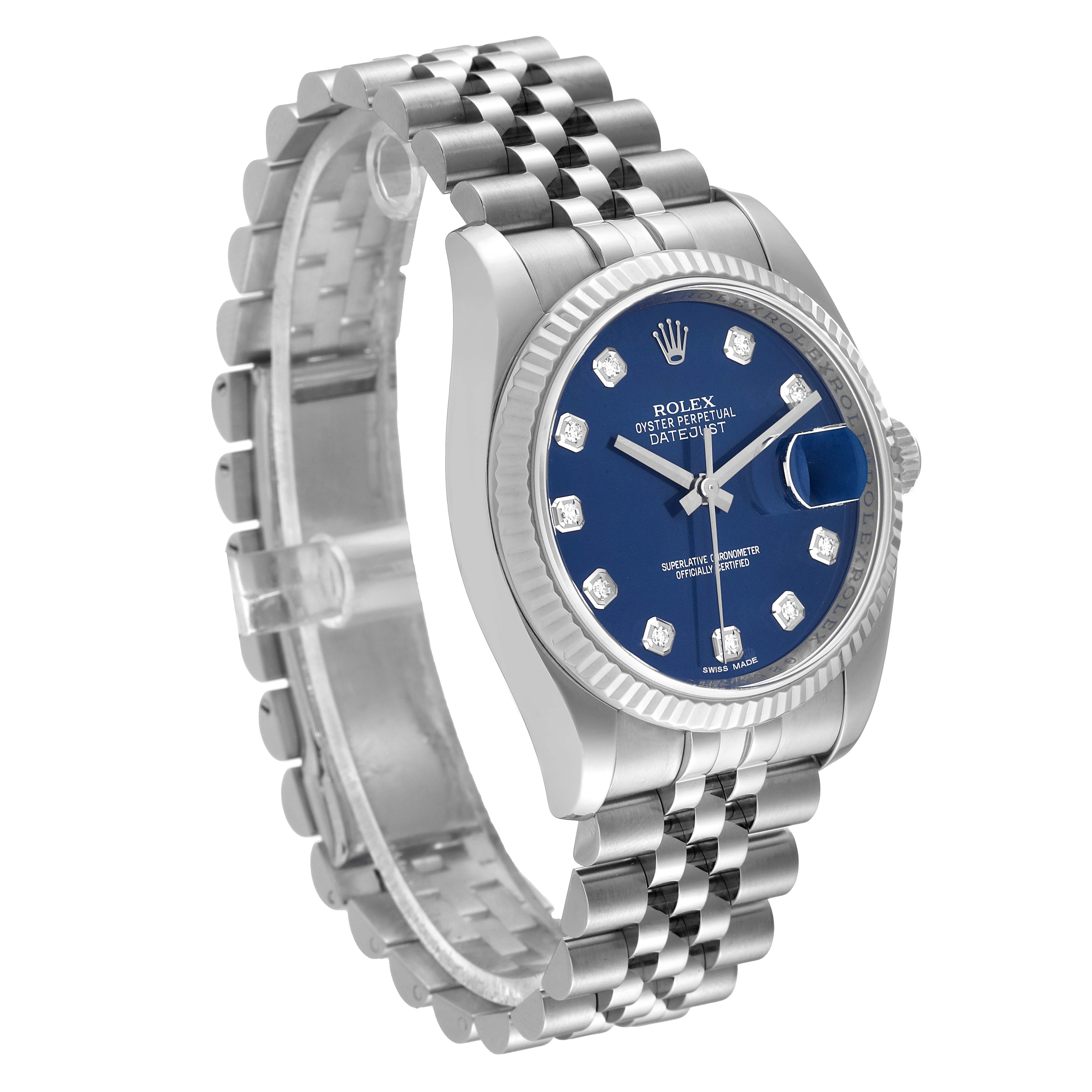 The image shows a side and front view of a Rolex Datejust 116234 Men's Stainless Steel Blue Dial 116234 Men's Stainless Steel Blue Dial watch with a blue dial and jubilee bracelet.