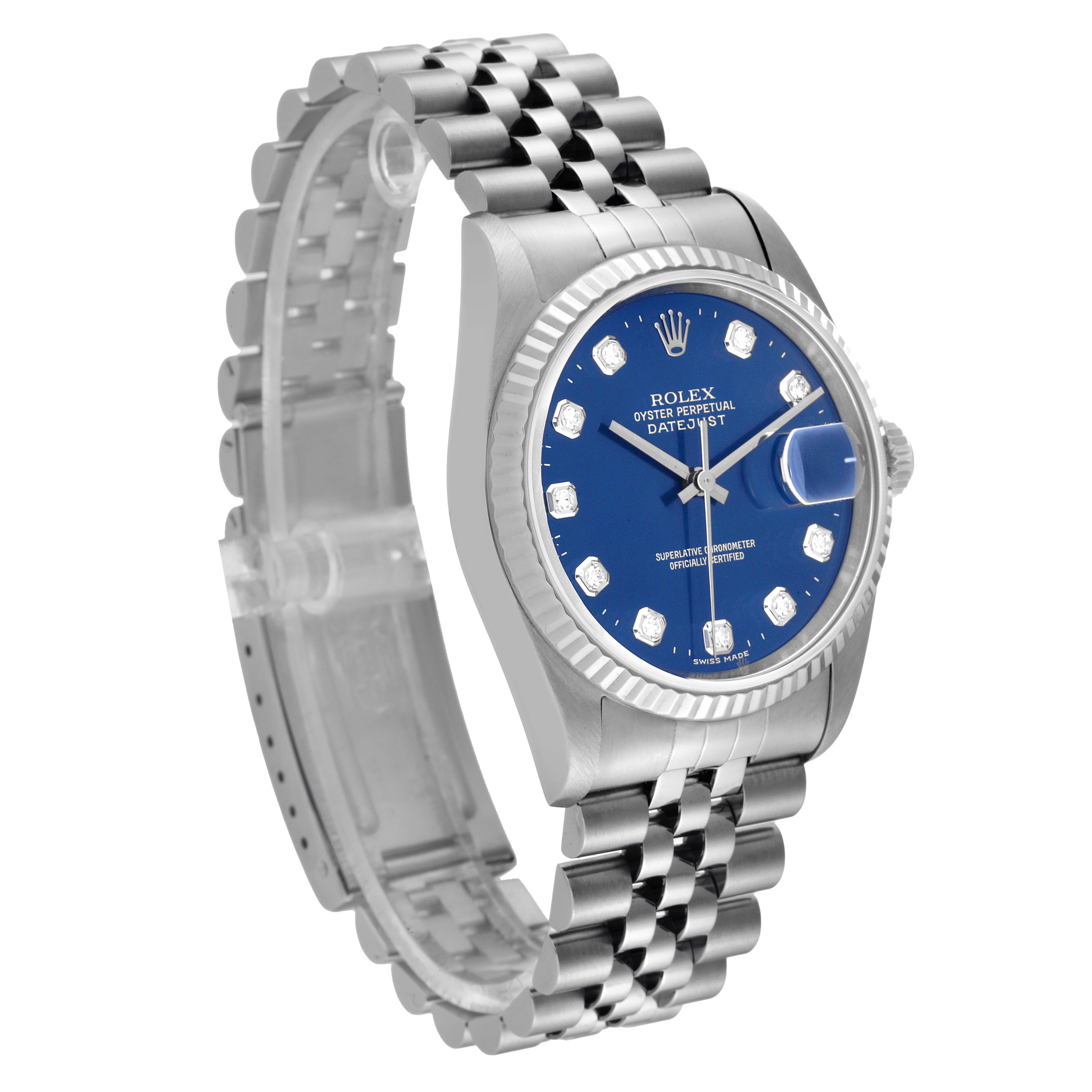 The image shows a side angle of a Rolex Datejust 16234 Men's Stainless Steel Blue Dial 16234 Men's Stainless Steel Blue Dial watch, highlighting the bracelet, case, and blue dial with date and diamond markers.