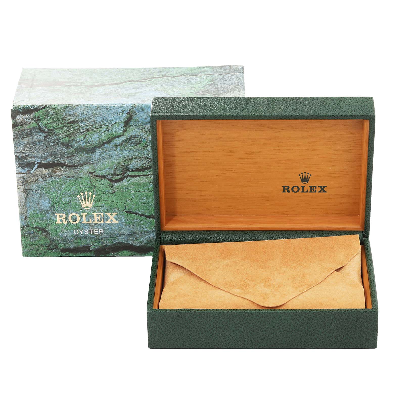 The image shows an open Rolex Datejust 16234 Men's Stainless Steel Blue Dial 16234 Men's Stainless Steel Blue Dial watch box, with the lid raised and the inner cushion visible.