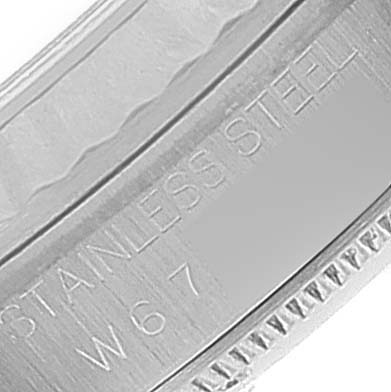 This is a close-up of the case back and inner rim of a Rolex Datejust 16234 Men's Stainless Steel Blue Dial 16234 Men's Stainless Steel Blue Dial, showing "STAINLESS STEEL" engraving.