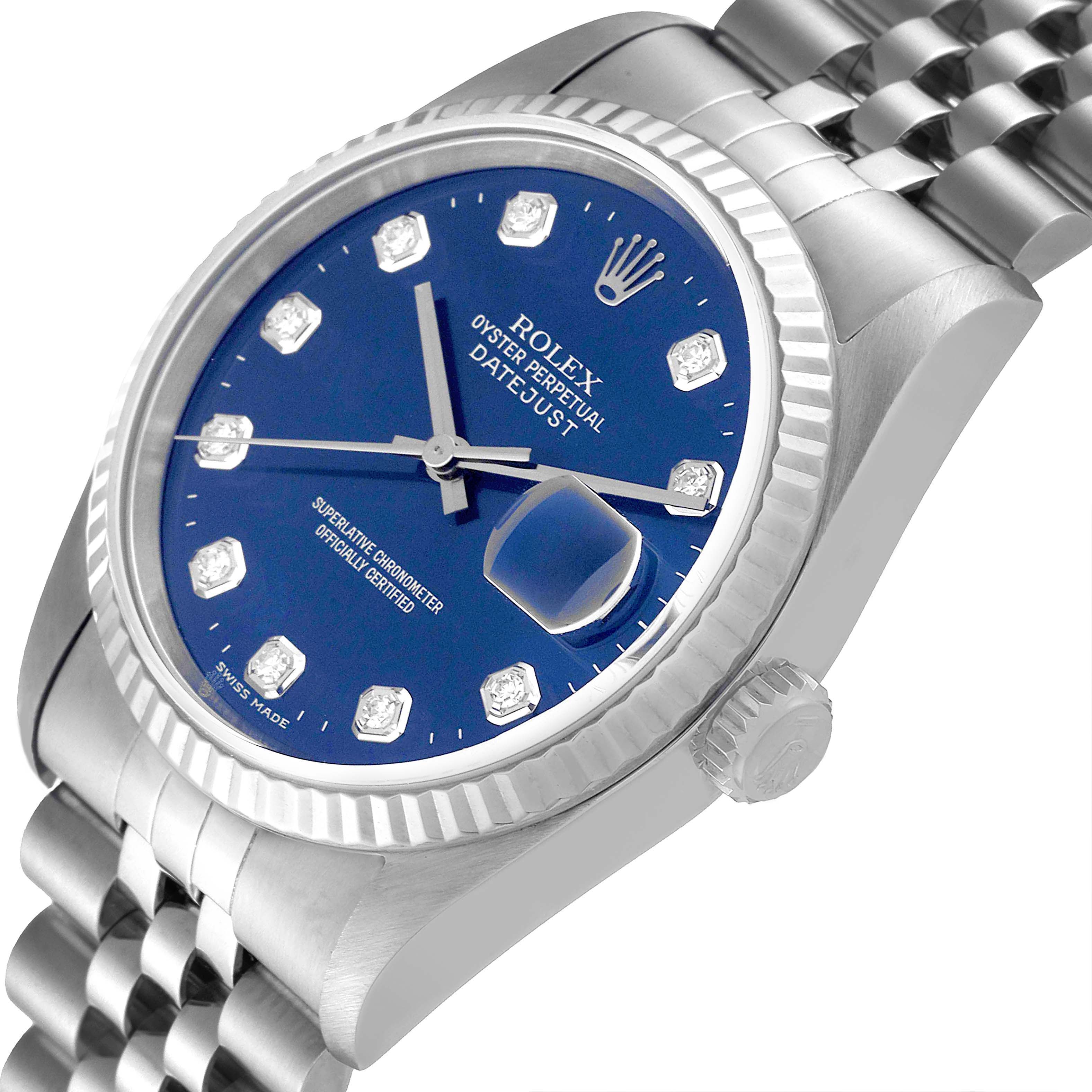 This angle showcases the face, bezel, crown, and part of the bracelet of the Rolex Datejust 16234 Men's Stainless Steel Blue Dial 16234 Men's Stainless Steel Blue Dial model.