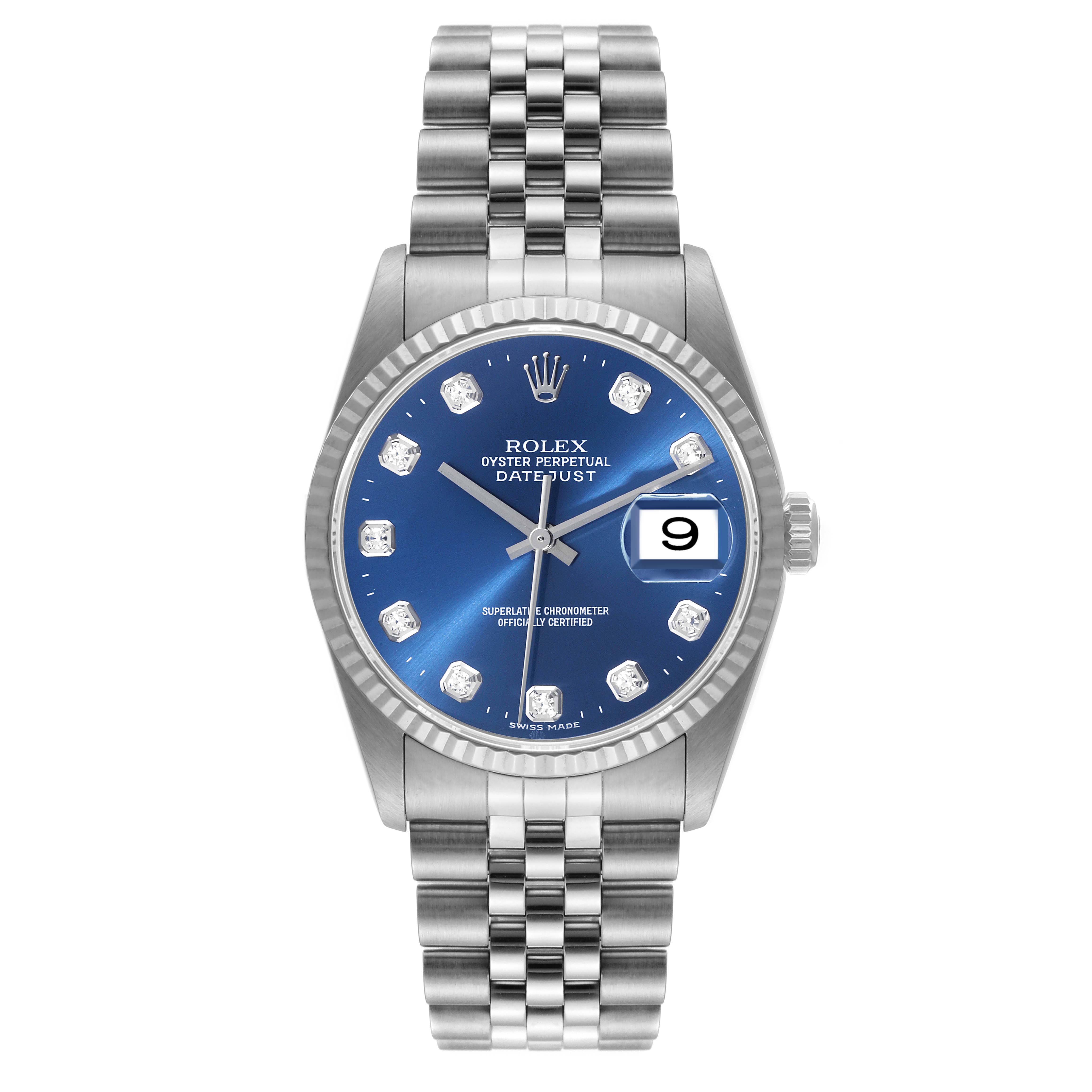 This image shows a front view of a Rolex Datejust 16234 Men's Stainless Steel Blue Dial 16234 Men's Stainless Steel Blue Dial watch, featuring a blue dial, date display, and stainless steel bracelet.