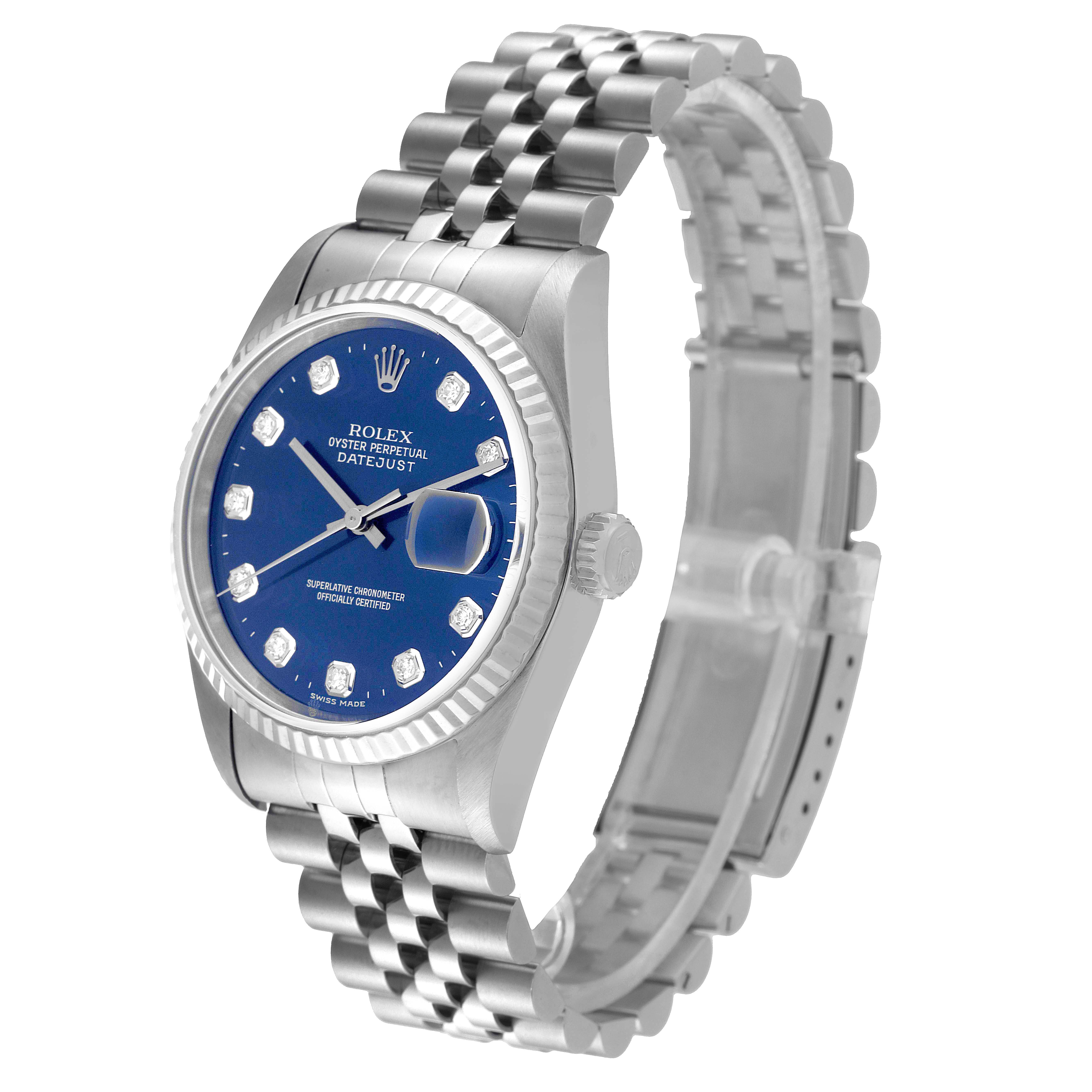 This image shows a Rolex Datejust 16234 Men's Stainless Steel Blue Dial 16234 Men's Stainless Steel Blue Dial watch at an angled side view, highlighting its blue dial, fluted bezel, and jubilee bracelet.