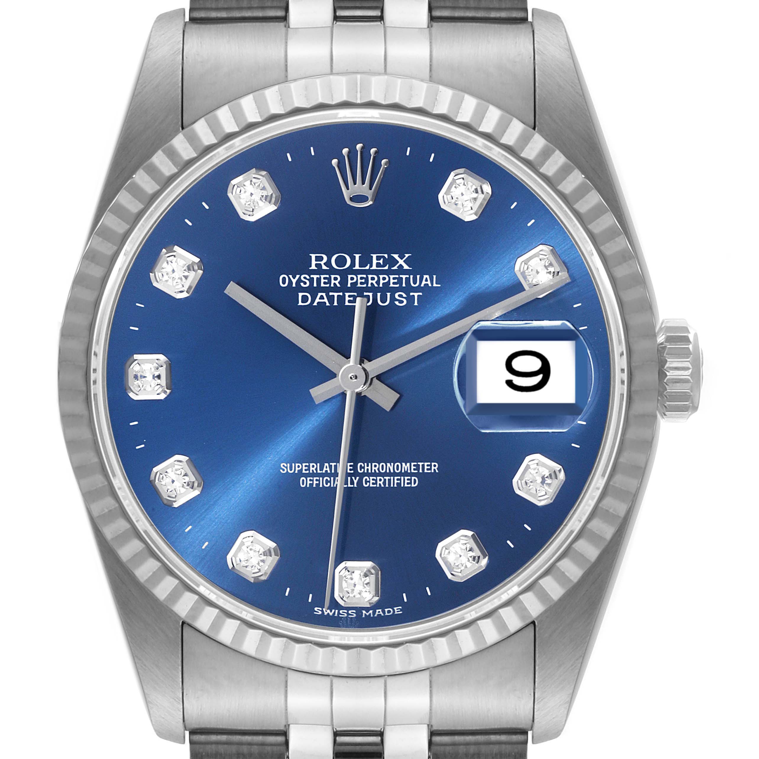This Rolex Datejust 16234 Men's Stainless Steel Blue Dial 16234 Men's Stainless Steel Blue Dial watch is shown from the front, highlighting its blue dial, diamond hour markers, and date display at 3 o'clock.