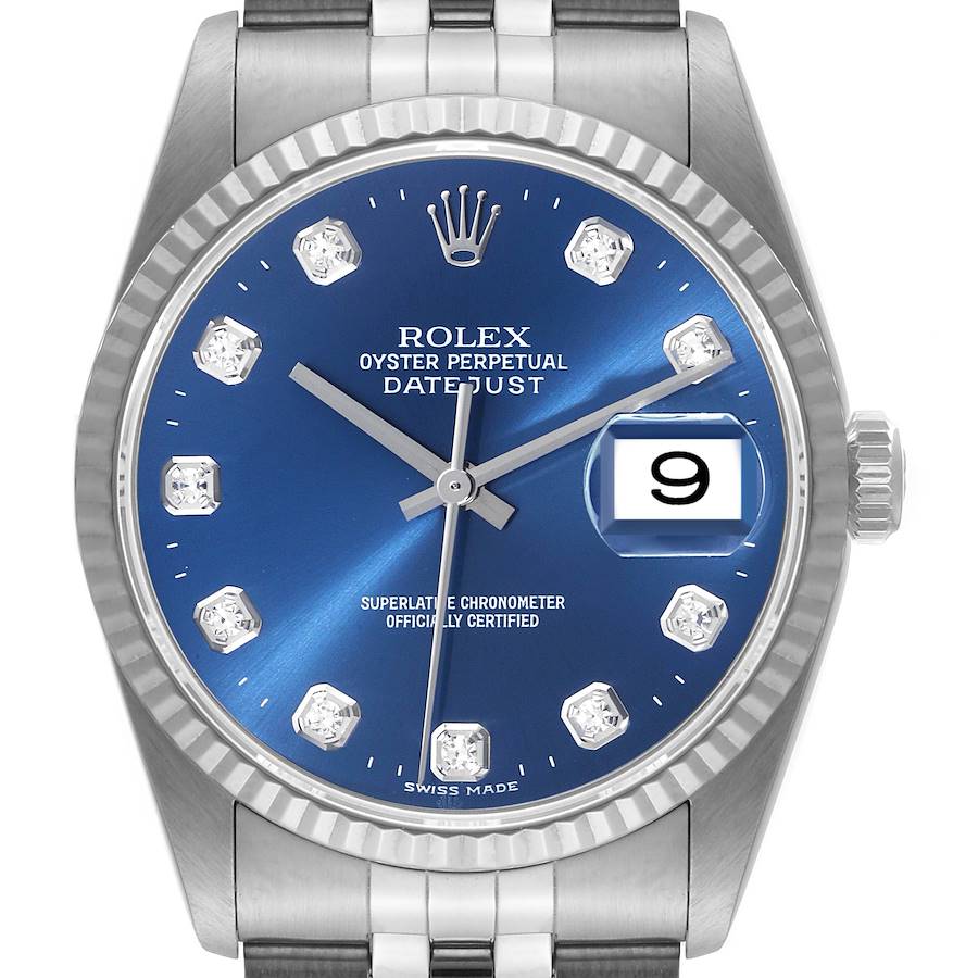 Rolex Datejust 36 Steel White Gold Blue Diamond Dial Mens Watch 16234 SwissWatchExpo