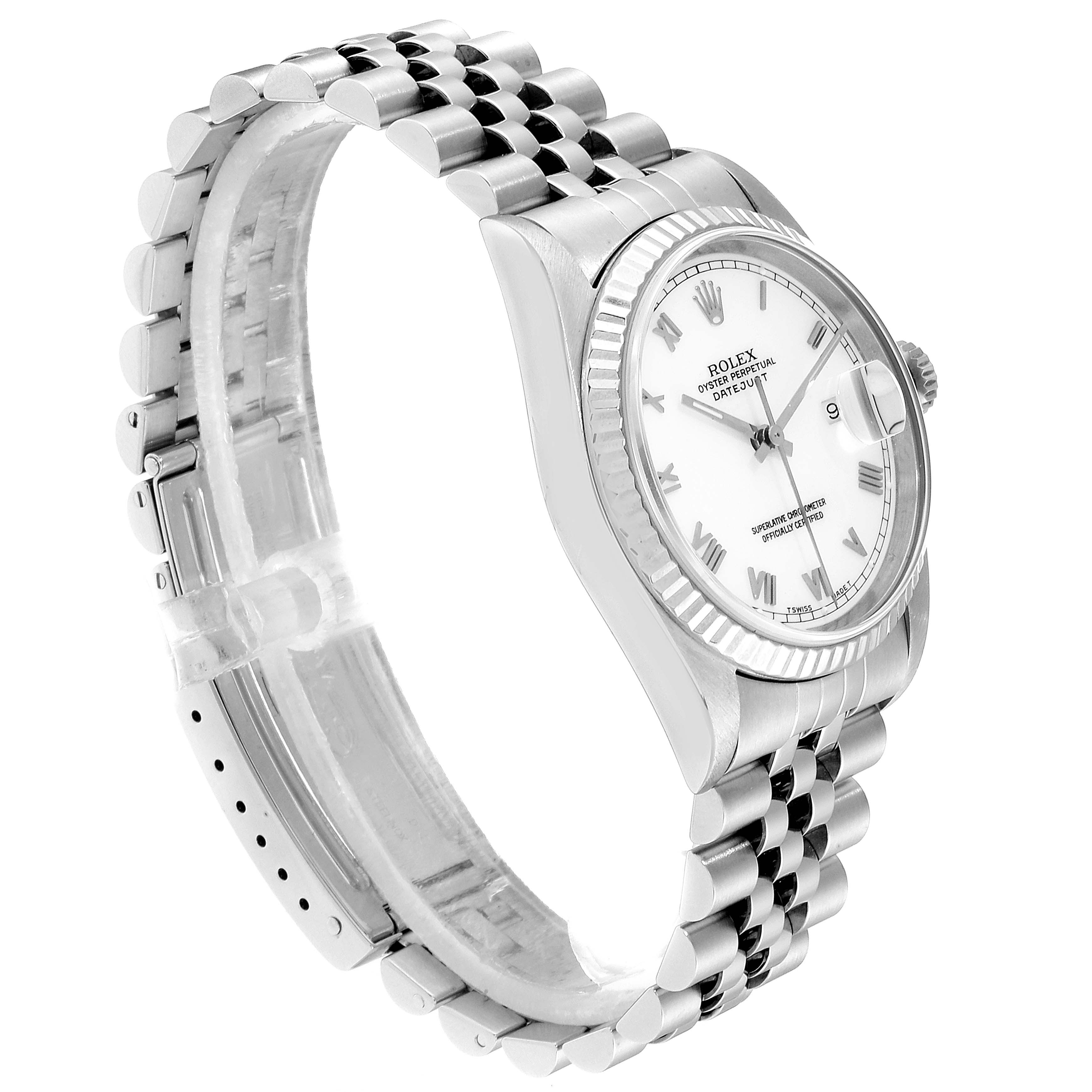 The Rolex Datejust 16234 Men's Stainless Steel White Dial 16234 Men's Stainless Steel White Dial watch is shown at an angle highlighting the face, bezel, crown, and stainless steel bracelet.