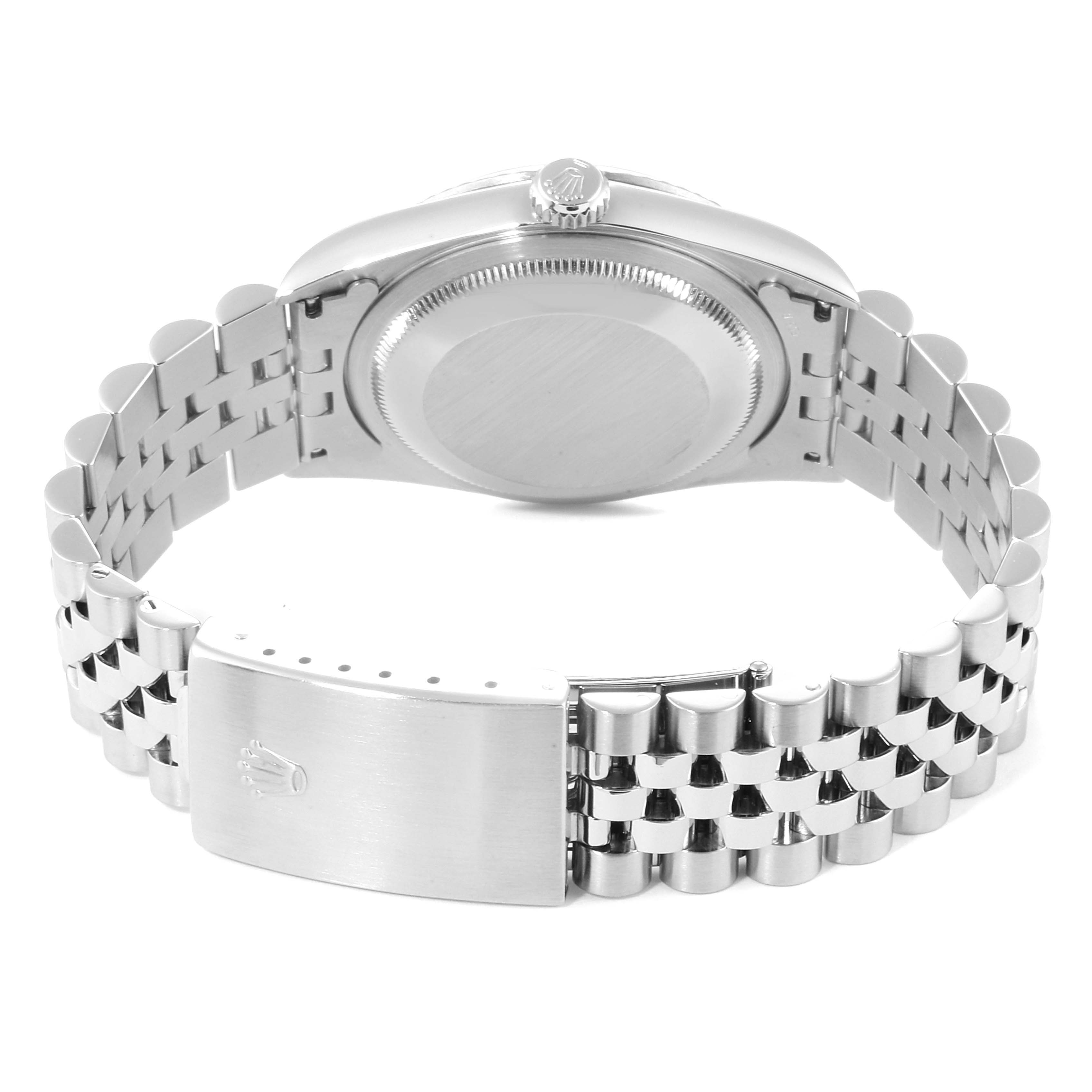 The image shows the back view of a Rolex Datejust 16234 Men's Stainless Steel White Dial 16234 Men's Stainless Steel White Dial watch, highlighting the case back, crown, and Jubilee bracelet with the clasp.