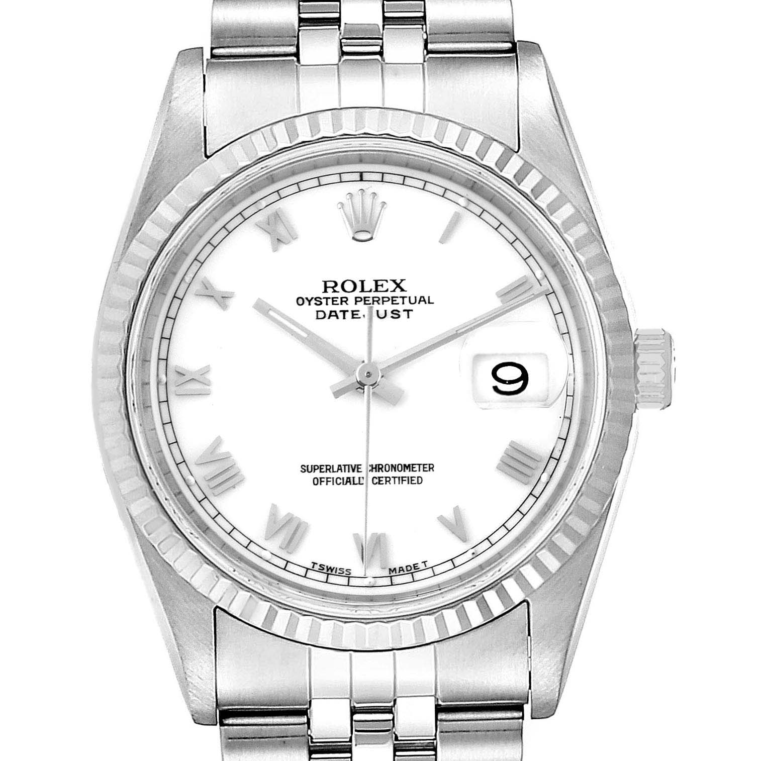 This image shows a front view of the Rolex Datejust 16234 Men's Stainless Steel White Dial 16234 Men's Stainless Steel White Dial watch, highlighting its dial, bezel, hands, and part of the bracelet.