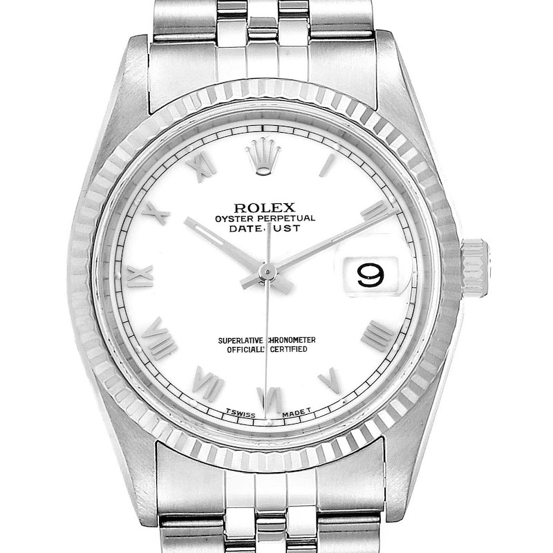 This image shows a front view of the Rolex Datejust watch, highlighting its dial, bezel, hands, and part of the bracelet.