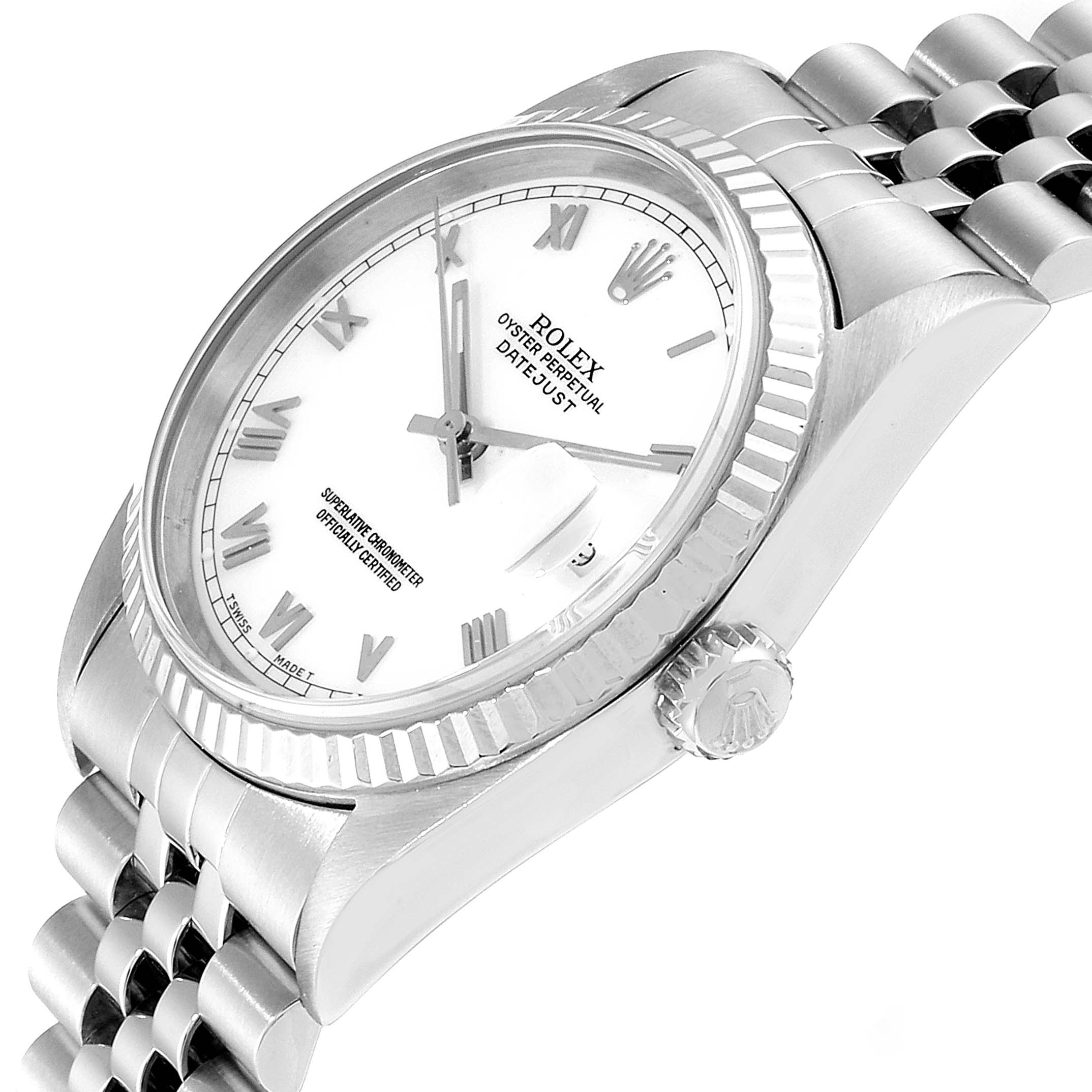 The image shows a side angle of the Rolex Datejust 16234 Men's Stainless Steel White Dial 16234 Men's Stainless Steel White Dial, highlighting the dial, bezel, crown, and part of the bracelet.
