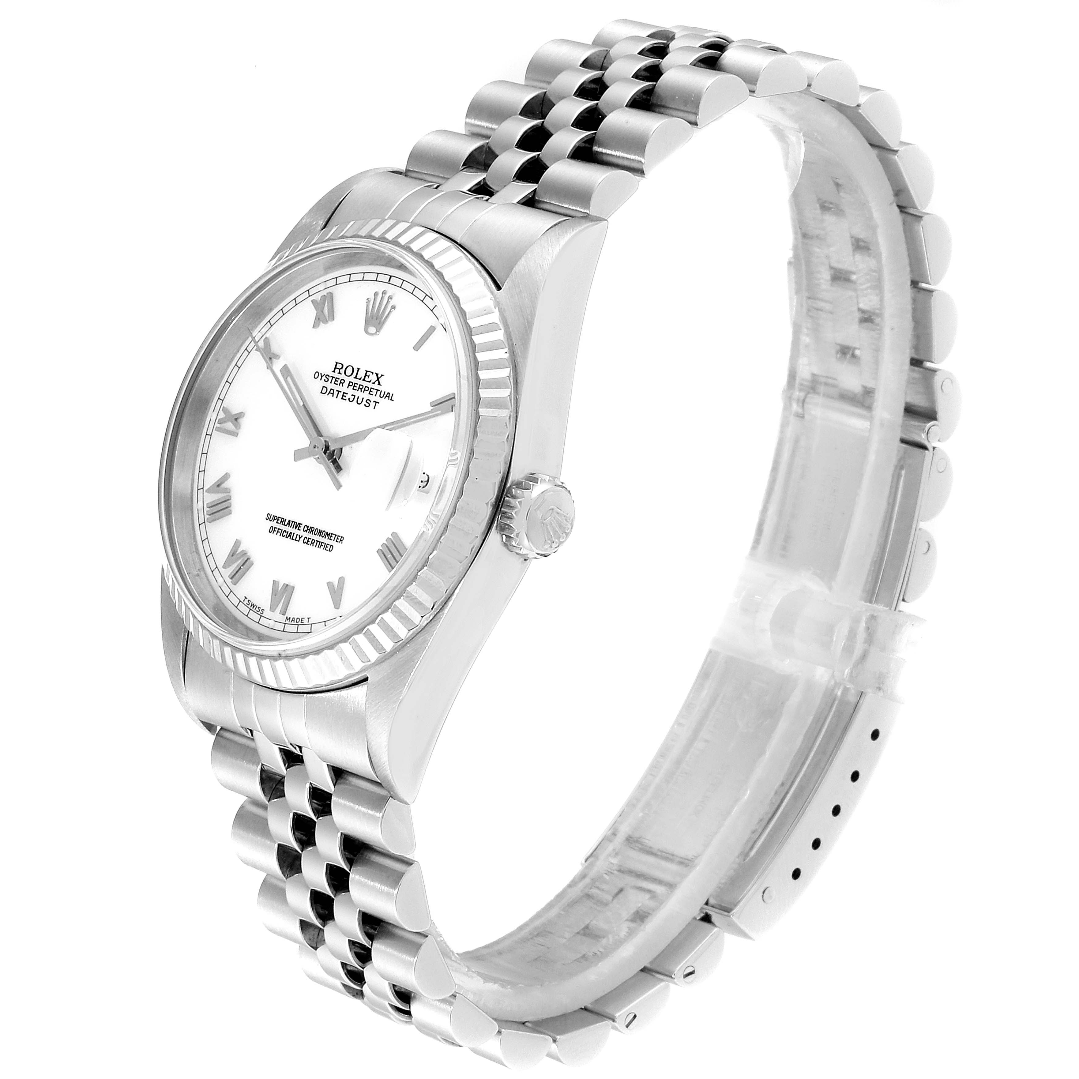 The image shows a side angle of the Rolex Datejust 16234 Men's Stainless Steel White Dial 16234 Men's Stainless Steel White Dial watch, highlighting its face, crown, bezel, and bracelet.