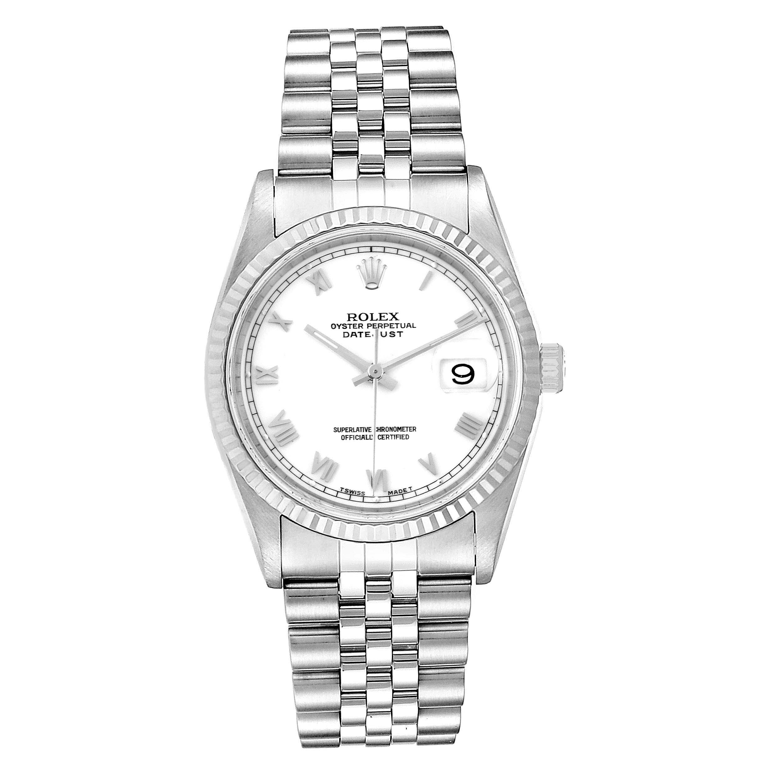 The image shows a front view of a Rolex Datejust 16234 Men's Stainless Steel White Dial 16234 Men's Stainless Steel White Dial watch, displaying the dial, hands, bezel, and bracelet.