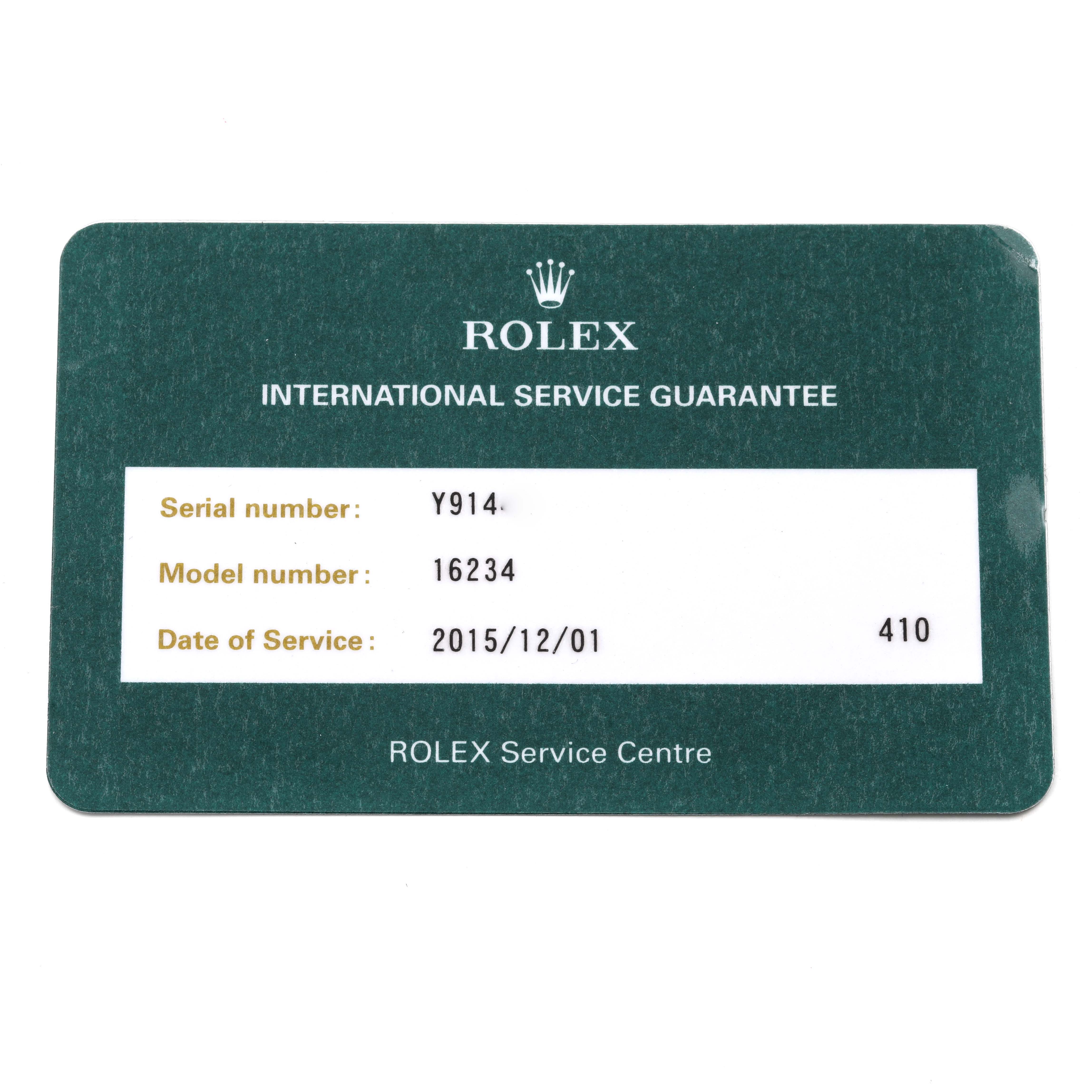 The image shows an International Service Guarantee card for a Rolex Datejust 16234 Men's Stainless Steel Silver Dial 16234 Men's Stainless Steel Silver Dial model, featuring the serial number and service details.